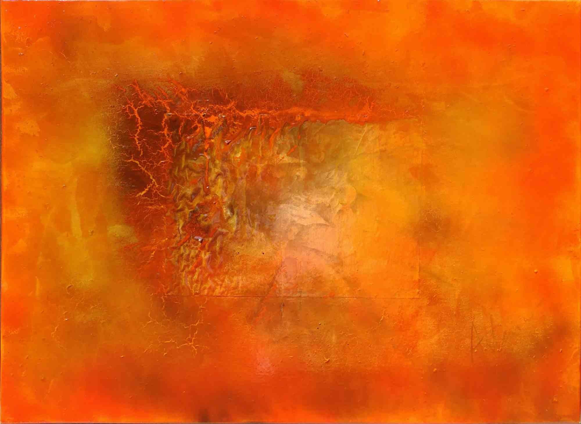 The work is entitled 'Scorci d'infinito red border n.5' and is part of the 'Scorci di infinito' series measuring 80 × 60 cm by the artist Artemio Ceresa. The technique is mixed media on canvas and the signature on the front is Artemio . The work is