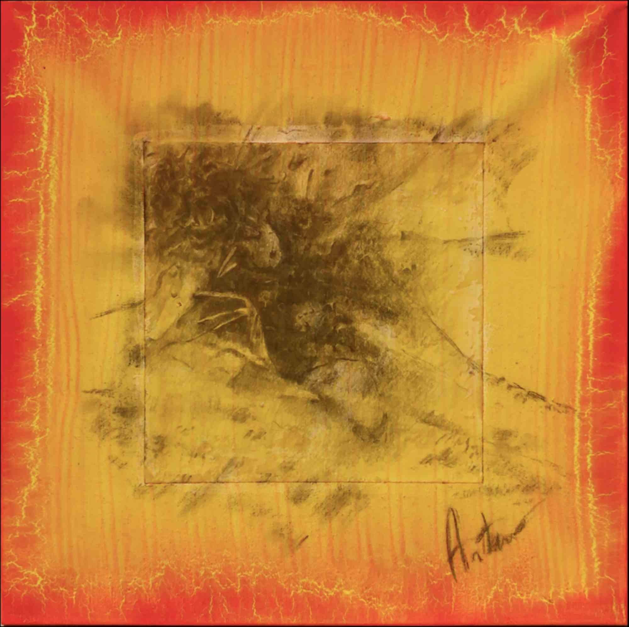 The work is entitled 'Scorci d'infinito red border n.6' and is part of the series 'Scorci di infinito' measuring 40 × 40 cm by the artist Artemio Ceresa. The technique is mixed media on canvas and the signature on the front is Artemio . The work is