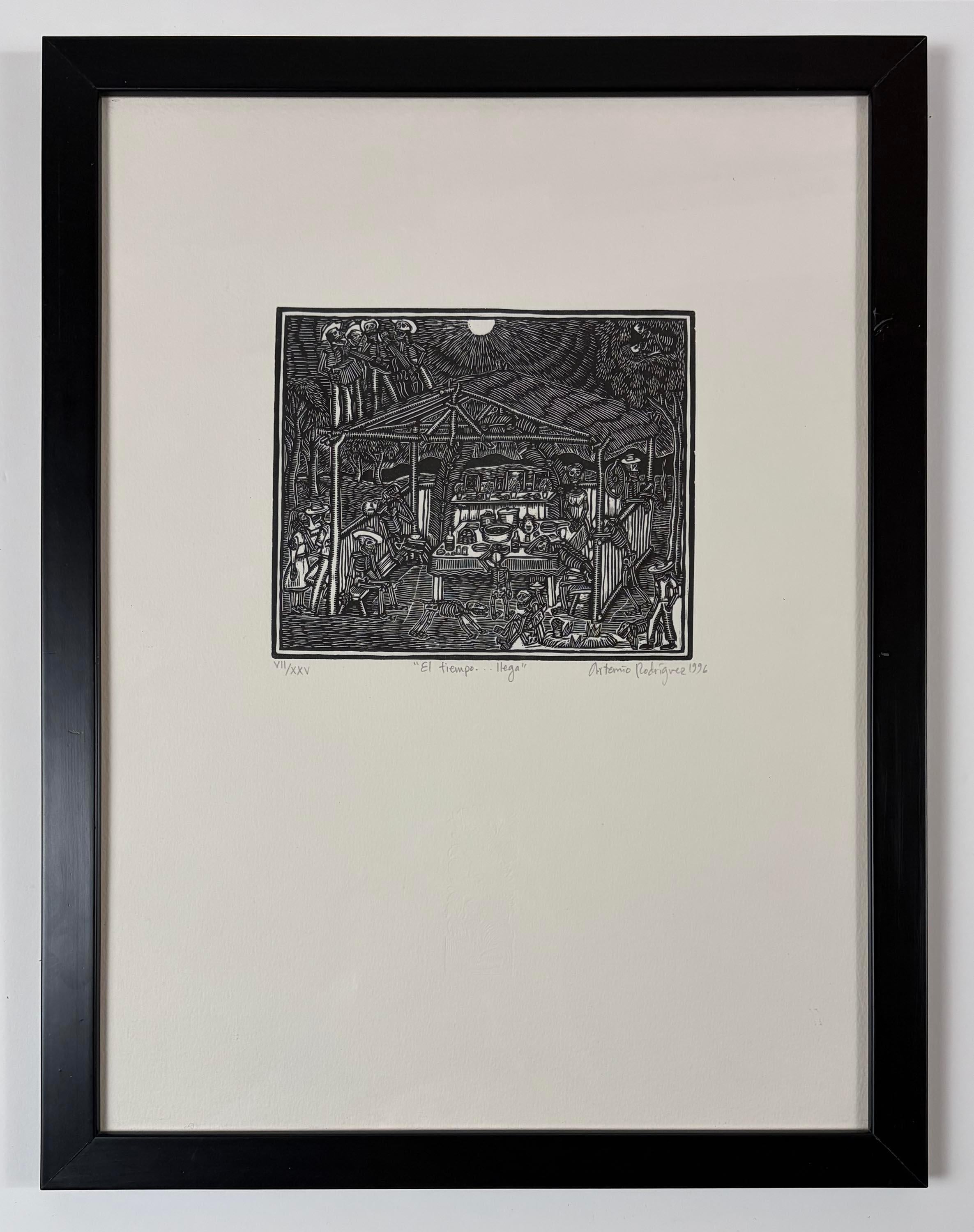 framed linocut El tiempo...llega (Time...Comes), by Artemio Rodriquez - Print by Artemio Rodriguez