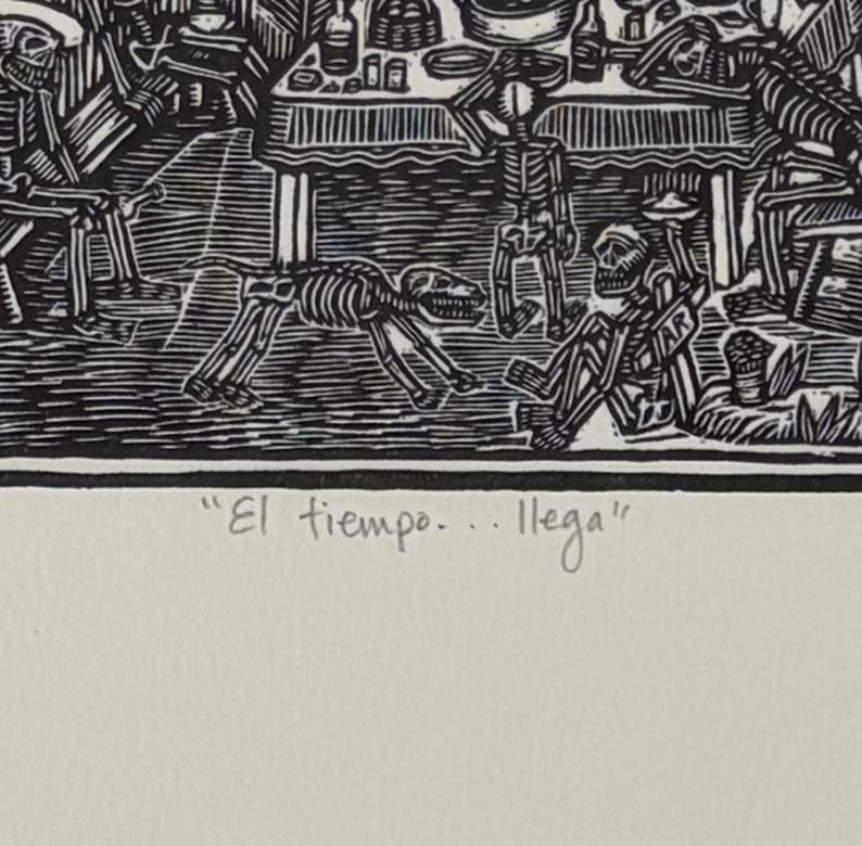 framed linocut El tiempo...llega (Time...Comes), by Artemio Rodriquez - Black Figurative Print by Artemio Rodriguez