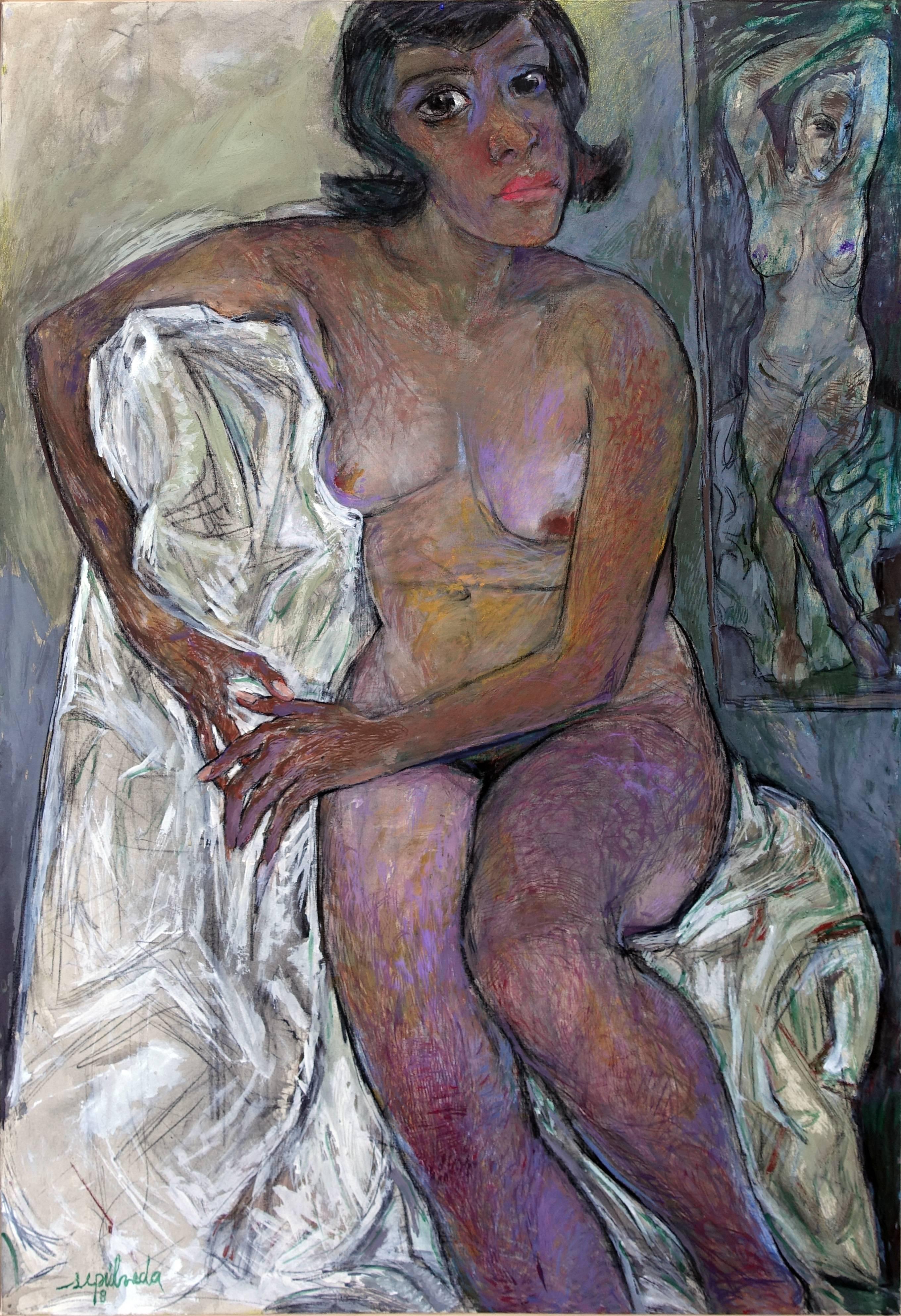 Artemio Sepulveda Nude Painting - Modelo con paño blanco