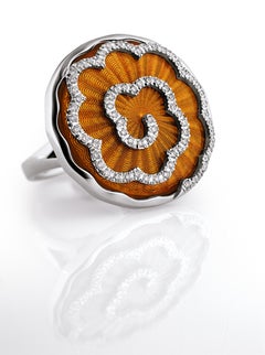 Round Amber Yellow Enamel Ring 18k White Gold 72 diamonds 0.53 ct 27 mm