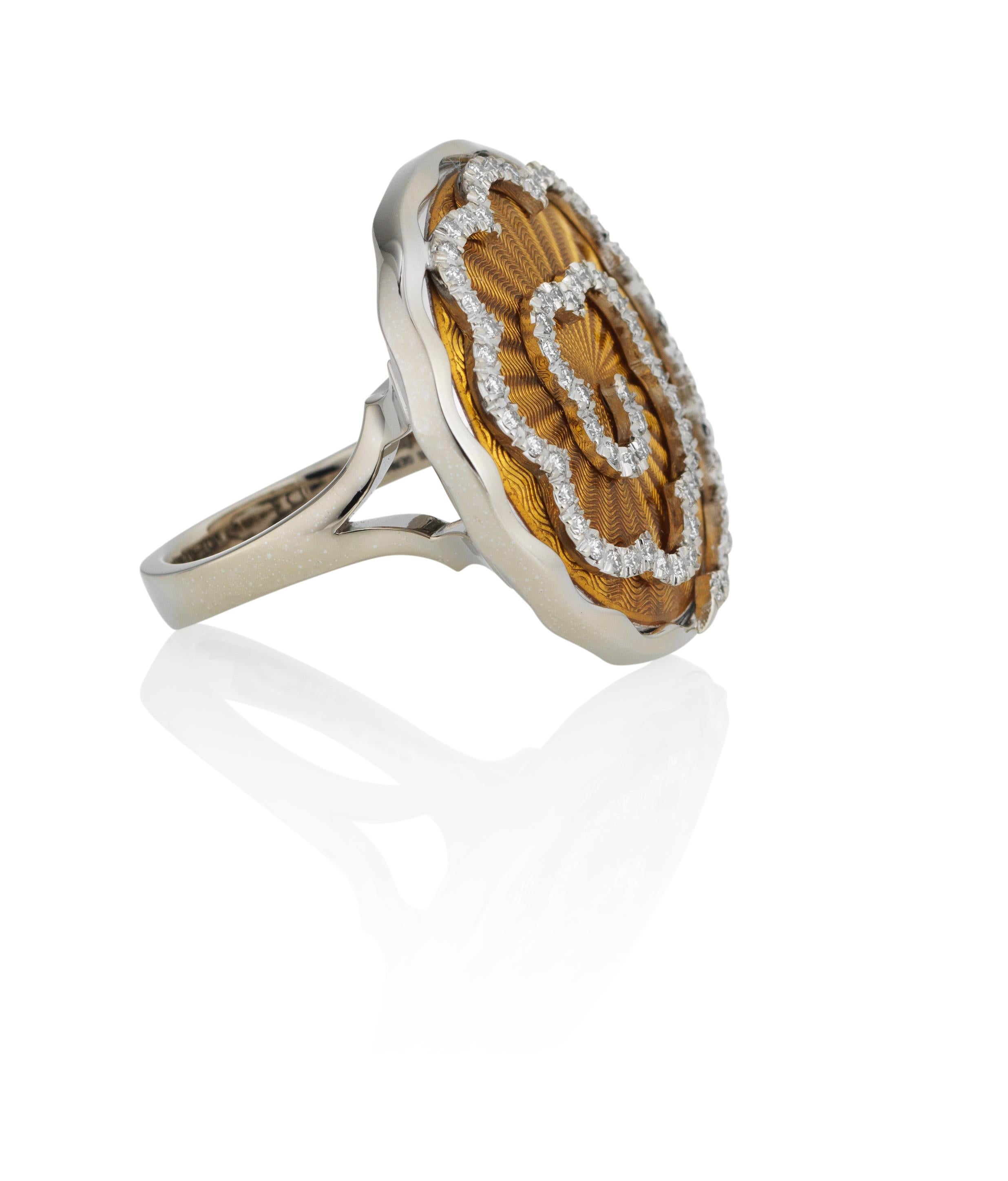 Art Deco Round Amber Yellow Enamel Ring 18k White Gold 72 diamonds 0.53 ct 27 mm For Sale