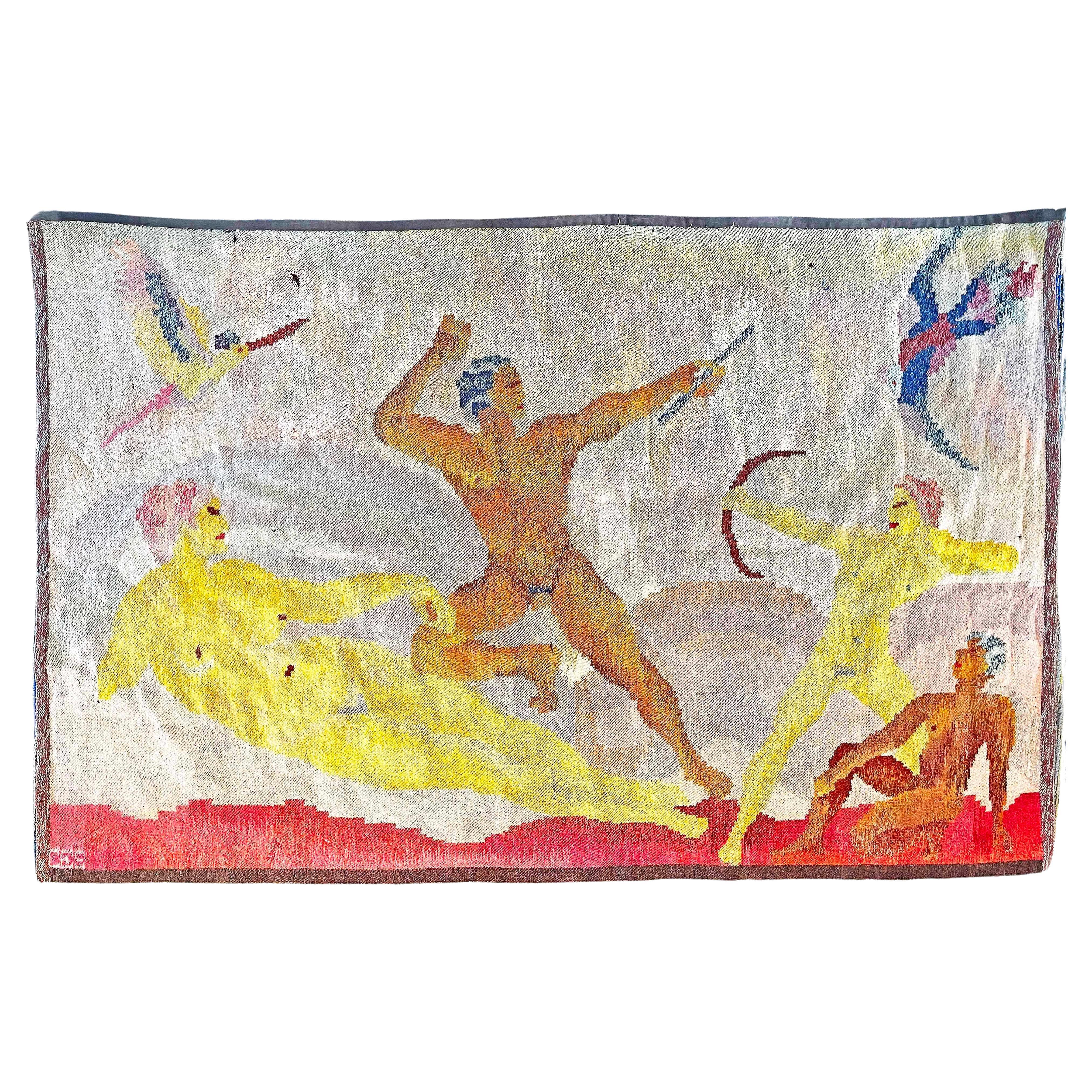 „Artemis und die Jäger“, fabelhafter Art-Déco-Wandteppich mit Aktdarstellungen, Schweden im Angebot