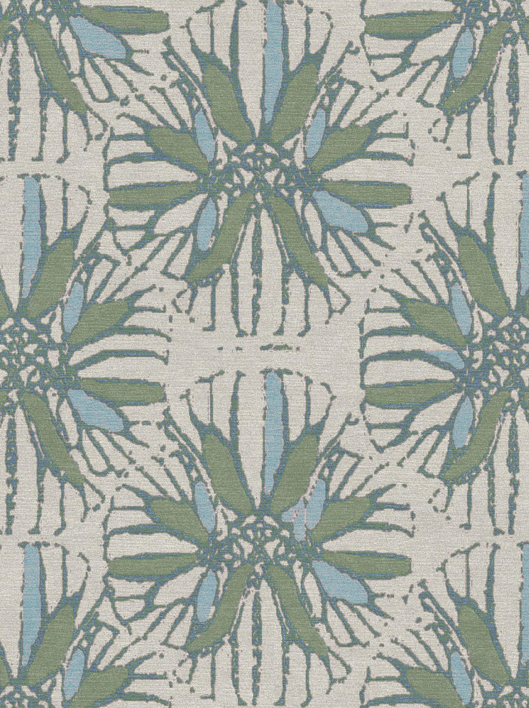 Stylized flowers form a gentle and soft design inspired by nature.

- Craftsmanship: Hand knotted
- Color: Natural blue sage green
- Size: 8' x 10' (2.44m x 3.05m)
- New Zealand sheep wool
- Knot count: 100 Knot
- Thickness: 3mm
- Technique: