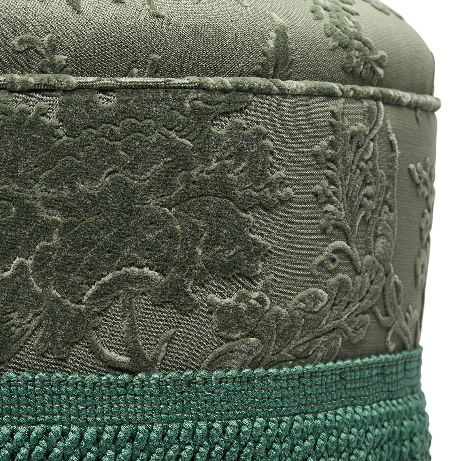 The Bottoman is a tongue in cheek take on the ottoman seat, crafted by the finest furniture makers in England. Upholstered in ARTEMIS cut velvet in a verdant ‘Eucalyptus’ green, this design is finished with finesse with handmade bullion, adding a