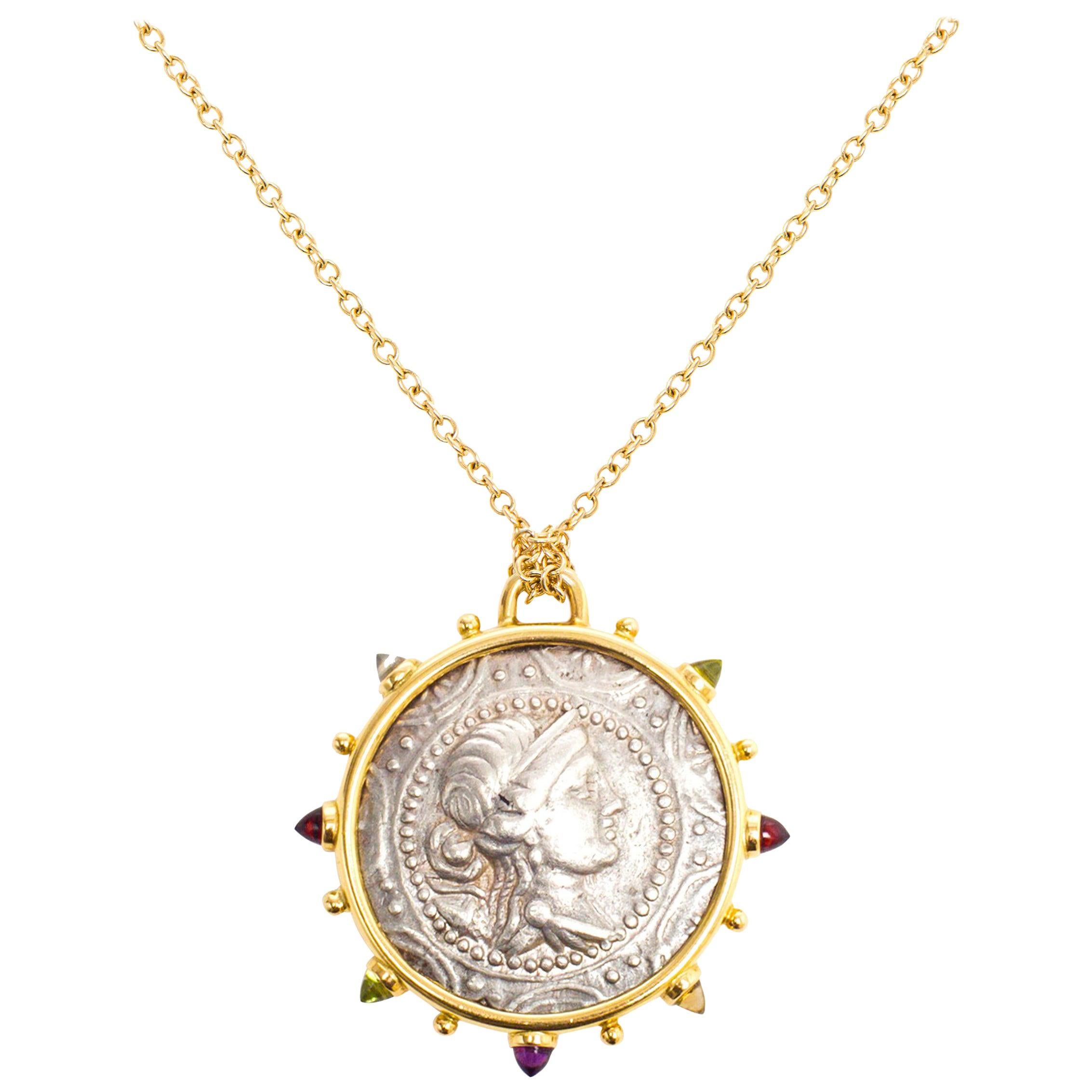Artemis Macedon Ancient Silver Coin Medallion 18 Karat Yellow Gold Necklace