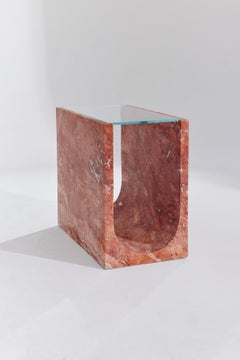 U Shape Base Red Travertine Side Table with Transparent Glass Top by RAFFINATO
