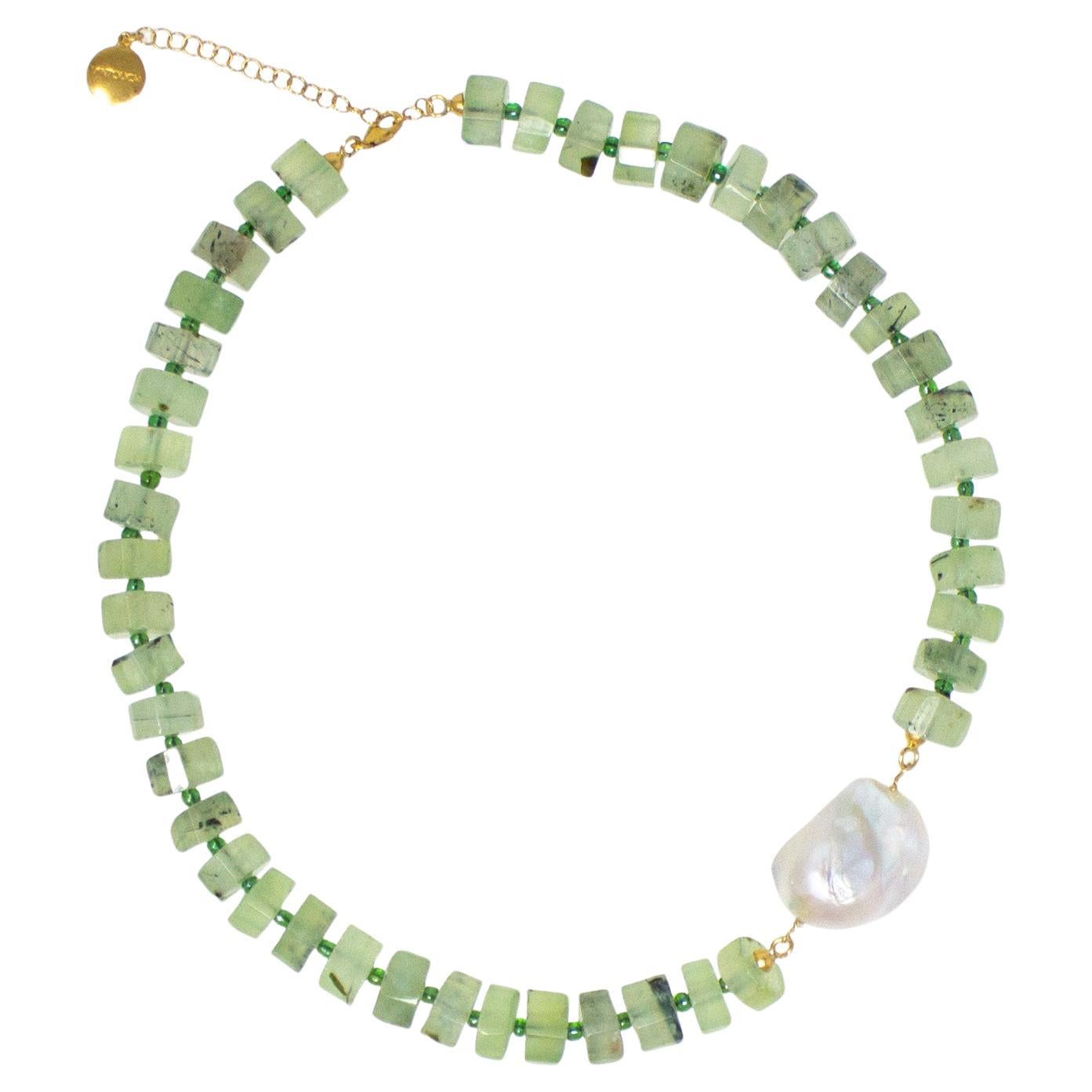 Artemis Tourmalinated Green Quartz And Pearl Necklace For Sale