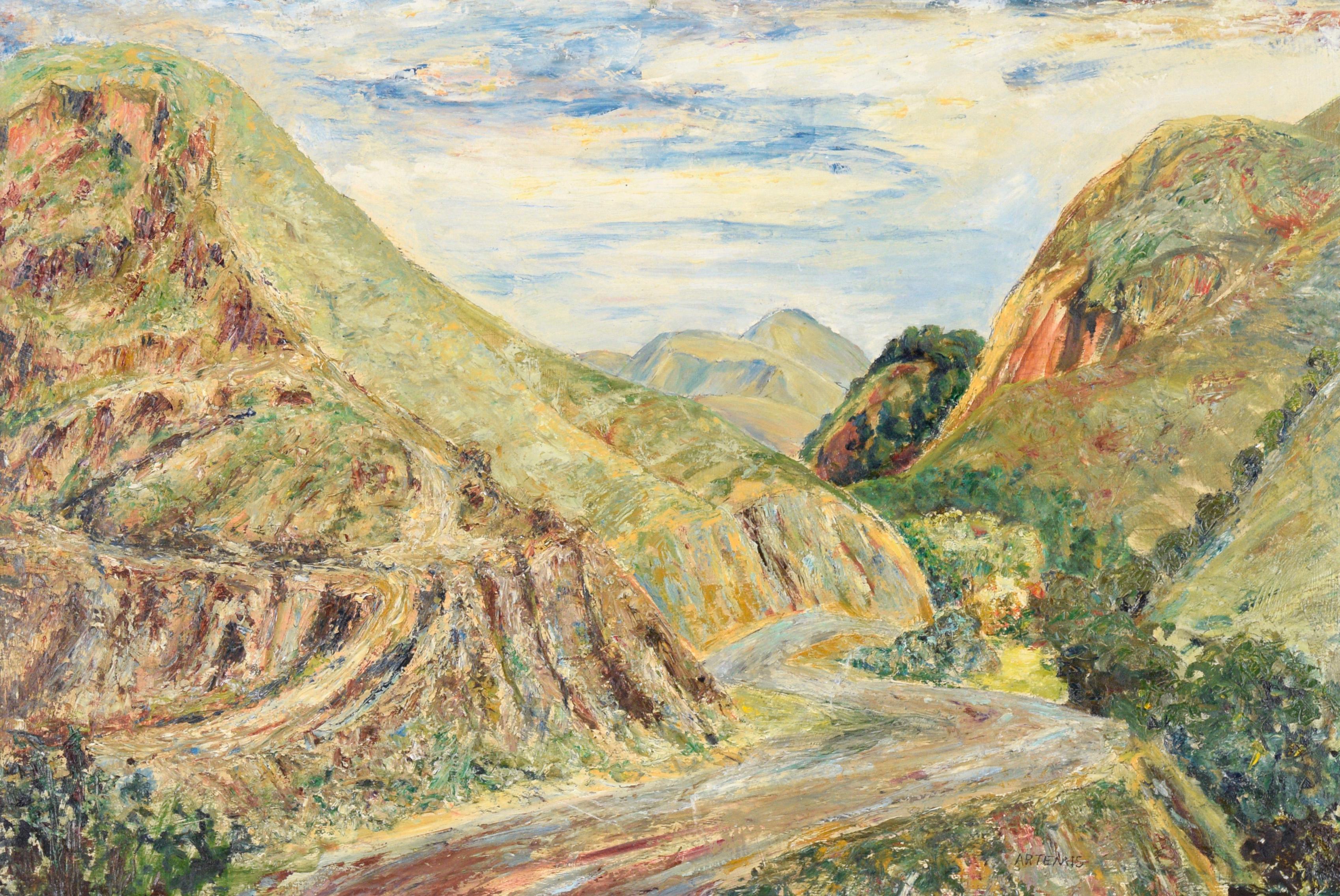 Bergstraßen-Landschaft in Öl auf Masonit – Painting von Artemis Wilhelm