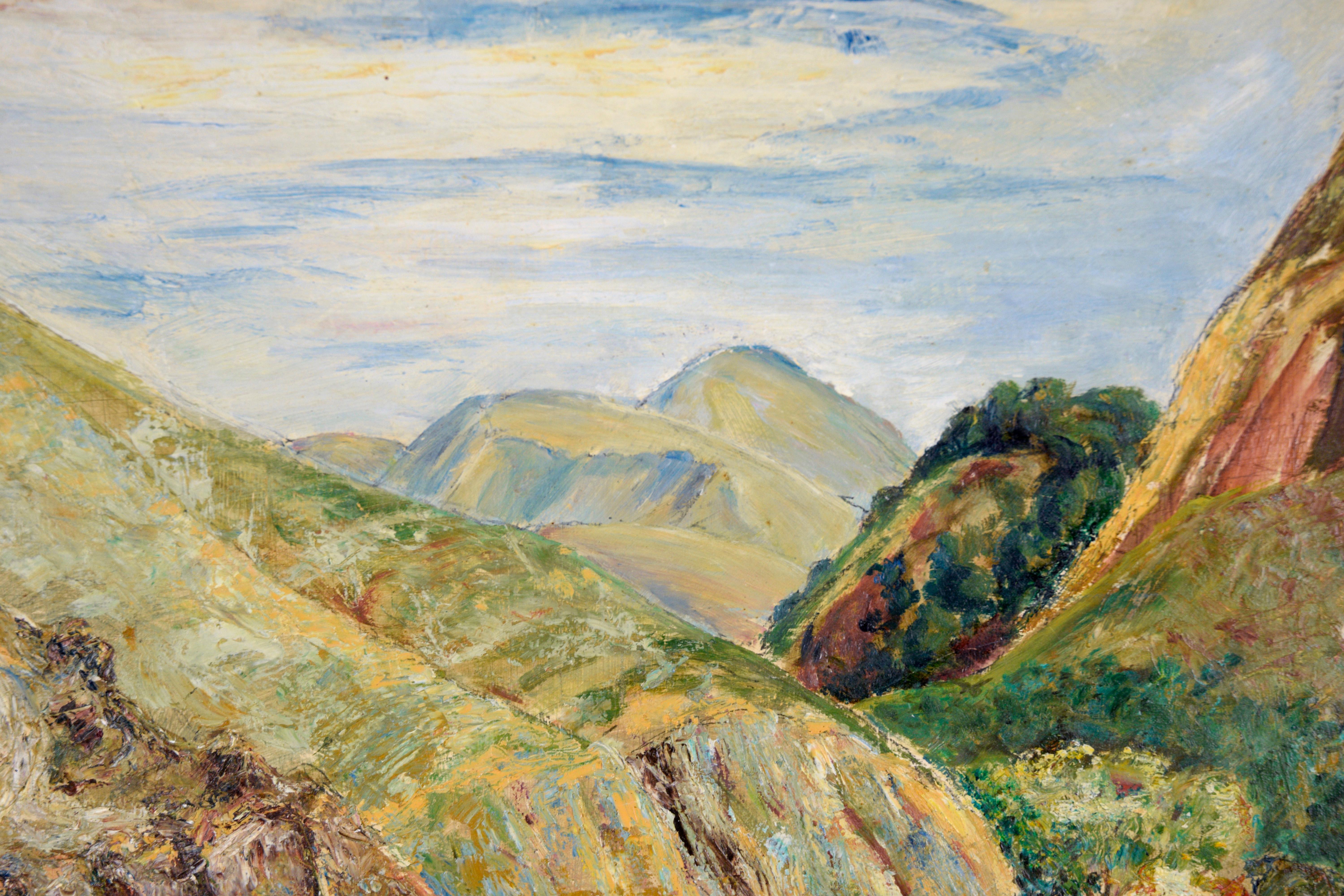 Mountain Road Landscape in Oil on Masonite

Bright and textured mountain landscape by Artemis Wilhelm (American, 20th Century). The viewer stands on a mountain road that winds long the edge of a canyon. The mountains on both sides are highly