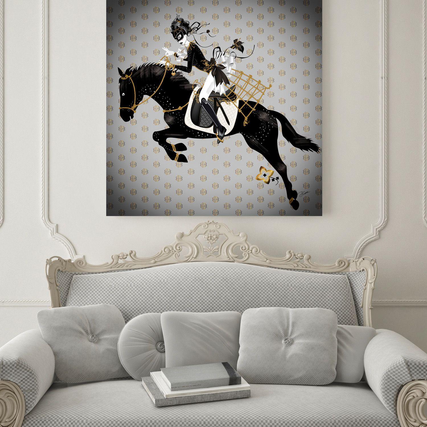 Made with passion and golden embroidery details, the Perfect Artdeco Gift!    Miss Black Knight - horse - riding - dressage  comes with certificate of authenticity signed by Artemisia.  One-of-a-Kind Artwork.    Dimensions are 31.4 x 31.4 in with 2