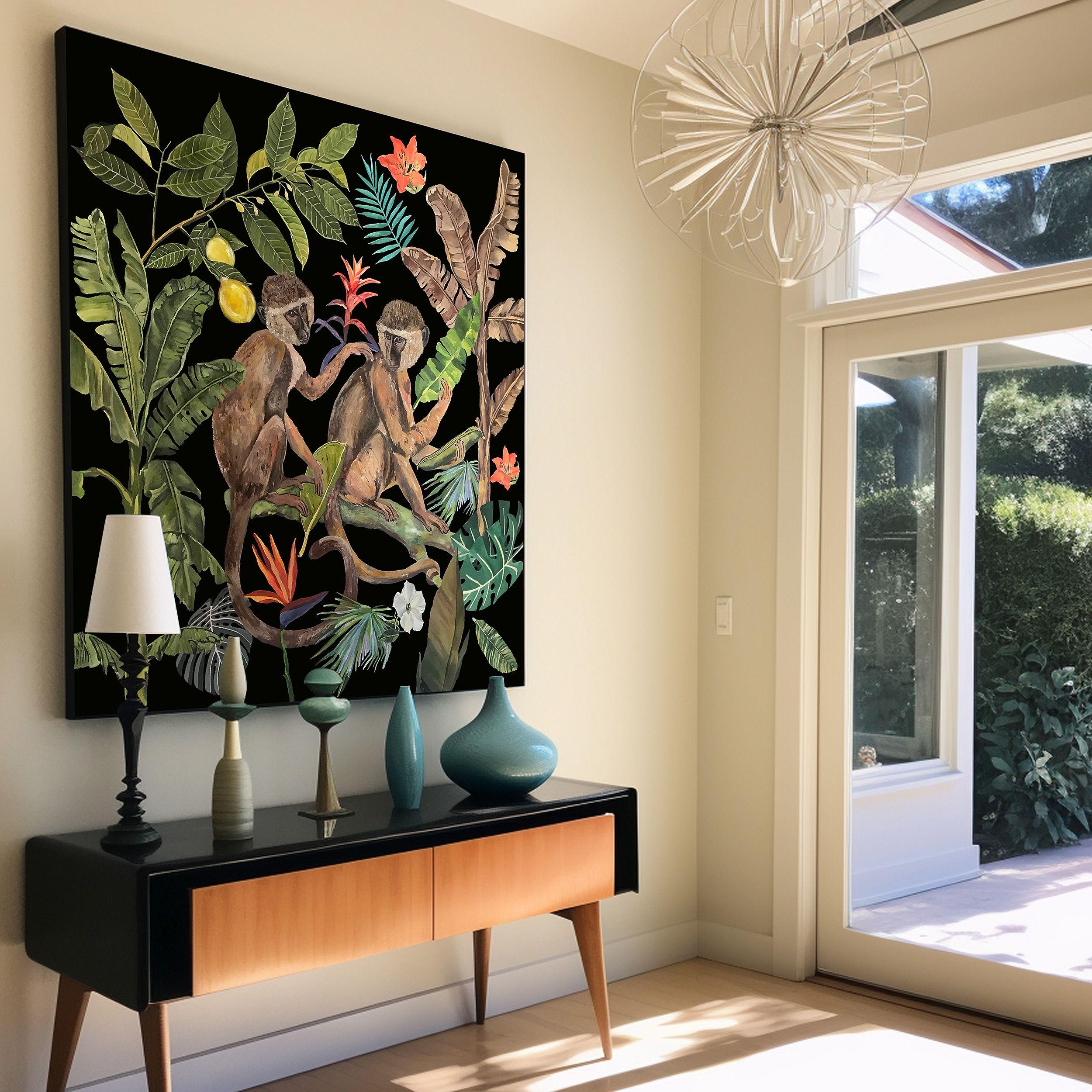 Jungle Heart Beat - Two Macaques - XL Large, Painting, Acrylic on Canvas For Sale 1