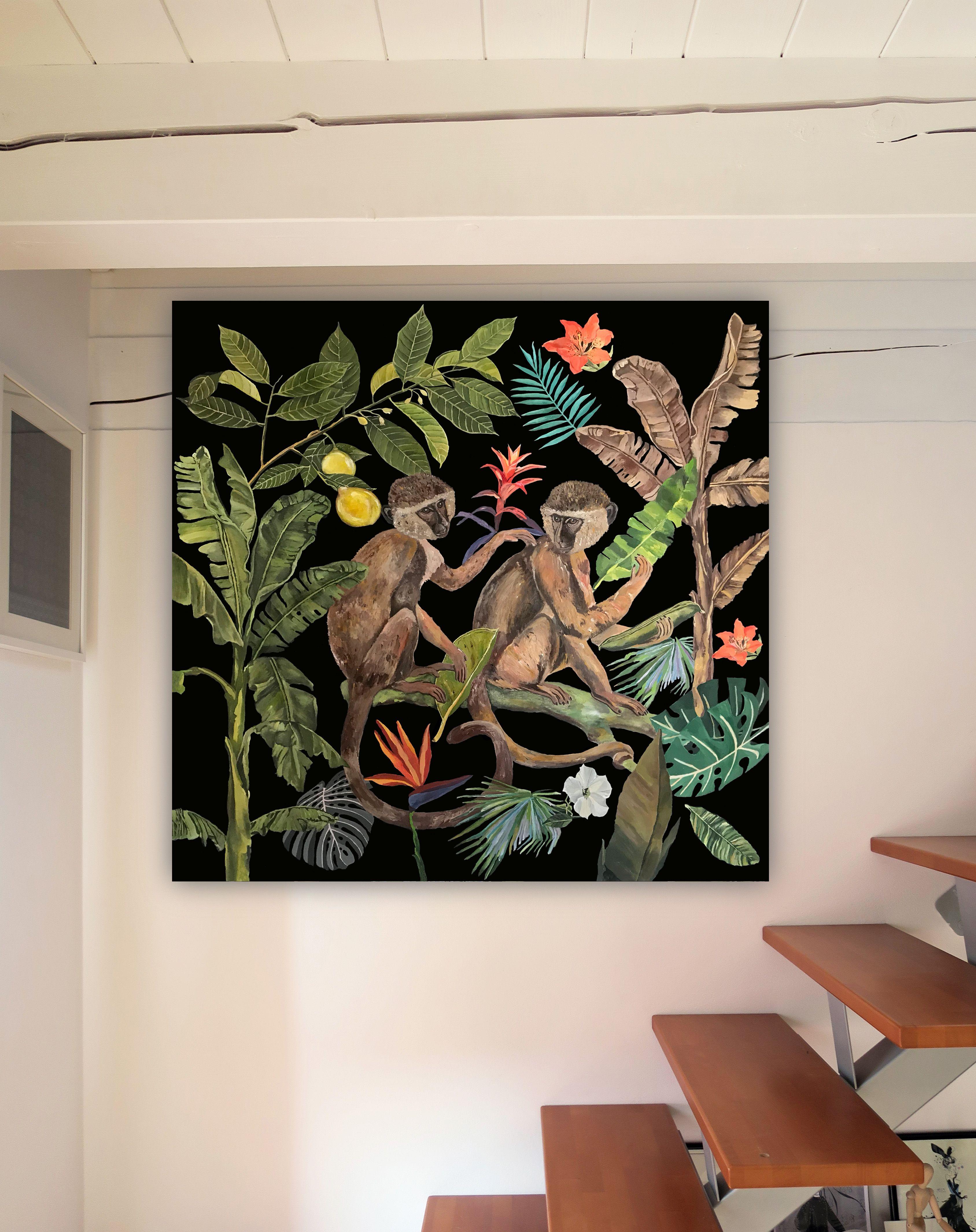 Jungle Heart Beat - Two Macaques - XL Large, Painting, Acrylic on Canvas For Sale 2