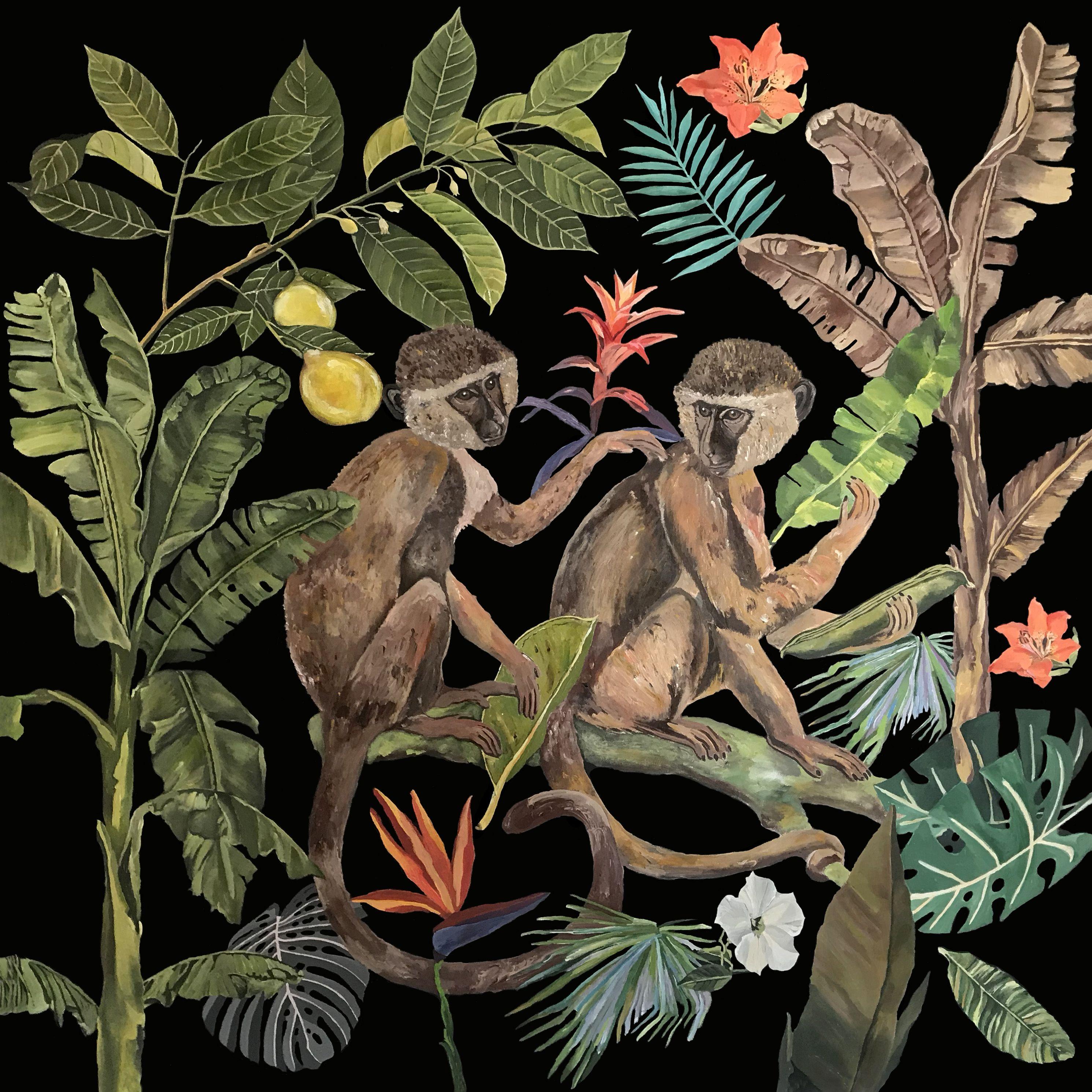The Jungle have intrigued people for decades, offering a dream of escape from humdrum reality to a savage and yet enchanting realm.    Art-Deco style, Nature inspired Tropical Feelings. Two Macaques is an Authentic piece, art tailored to bring