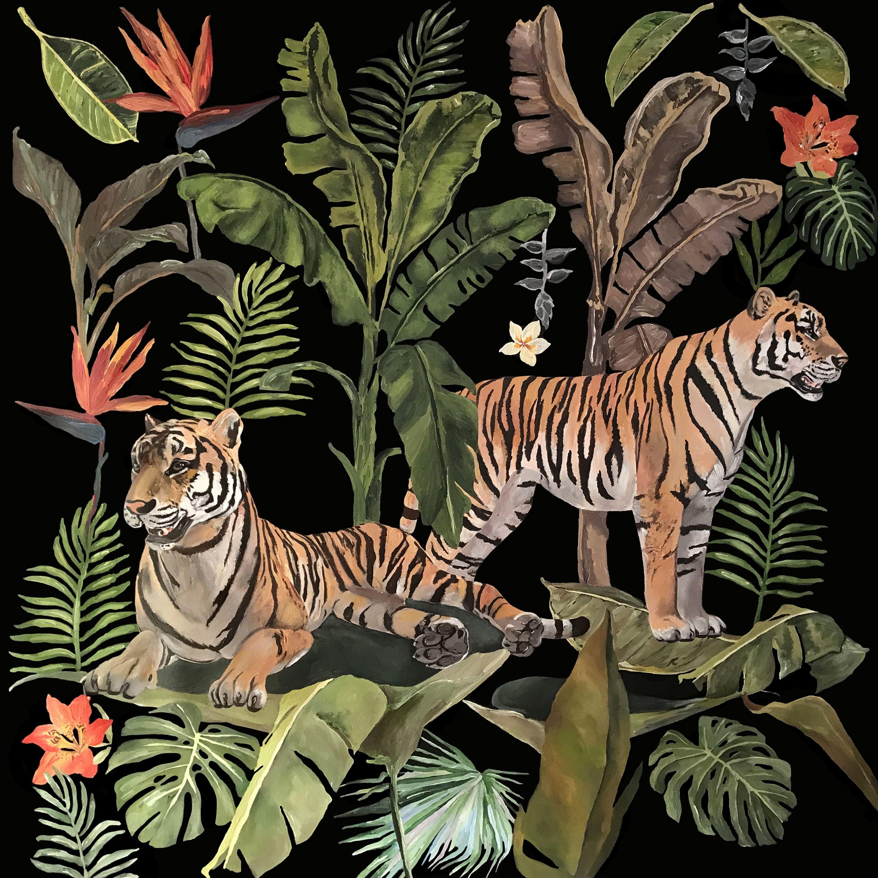 Jungling Heart Beat - Due tigri 2 - Tropicale, Pittura, Acrilico su tela - Painting di Artemisia Fine Art