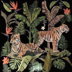Jungle Heart Beat - Two Tigers 2 - Tropical, Painting, Acrylic on Canvas