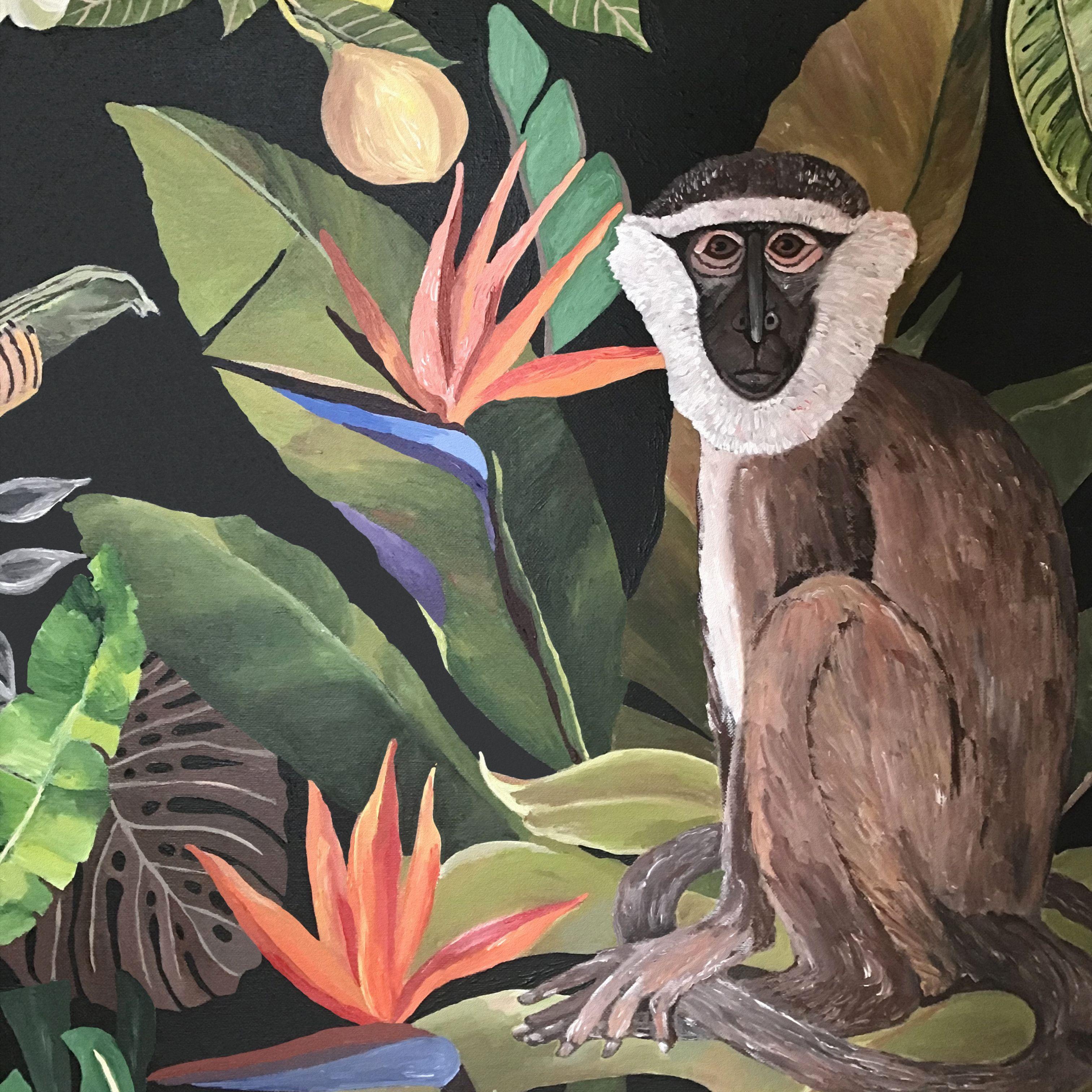 Jungle NÂ°5 - Fern - Tropical - Monkeys - Art-Deco, Painting, Acrylic on Canvas For Sale 1
