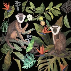 Jungle NÂ°5 - Fern - Tropical - Monkeys - Art-Deco, Painting, Acrylic on Canvas