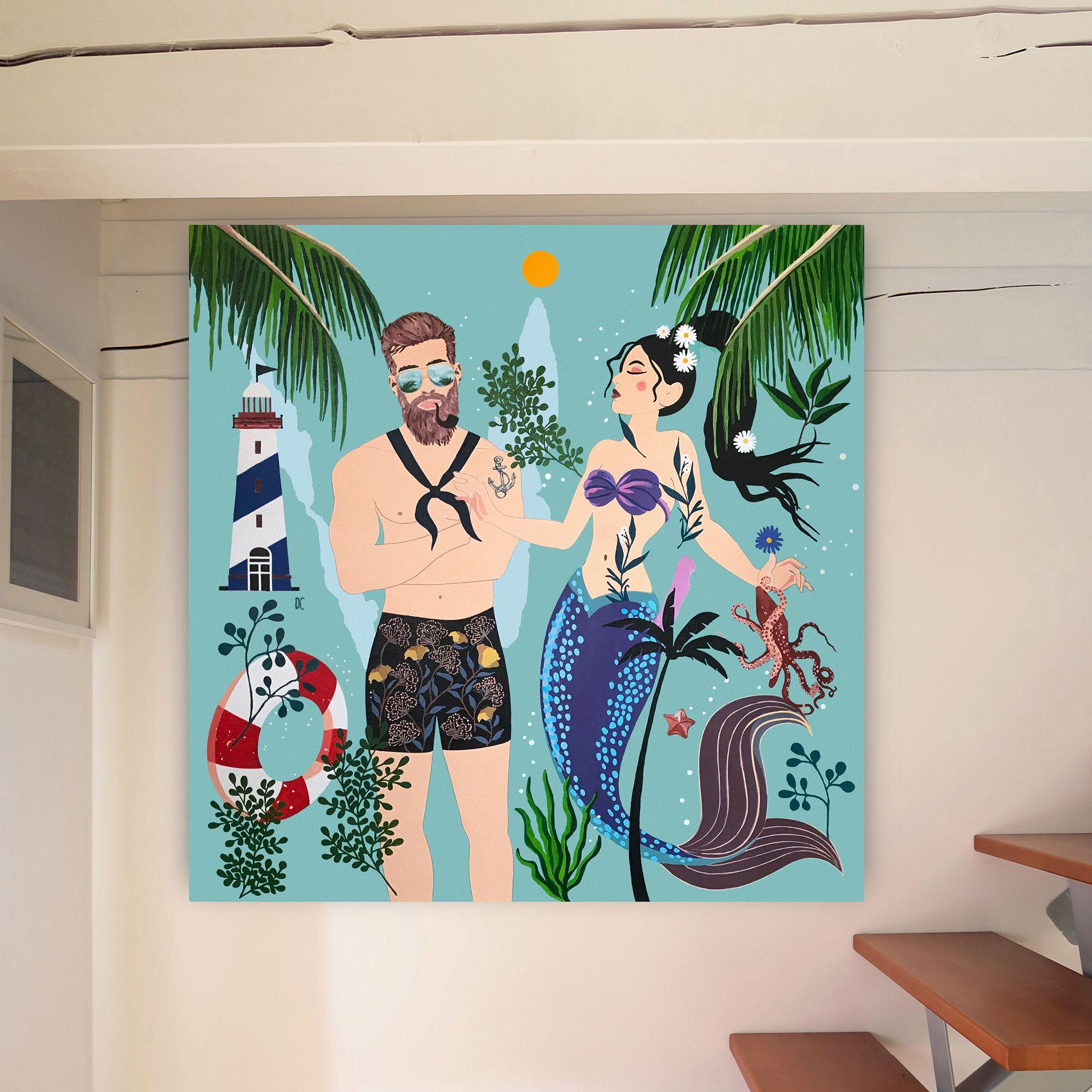 The Sailor and the Mermaid - Lighthouse, Painting, Acrylic on Canvas For Sale 2