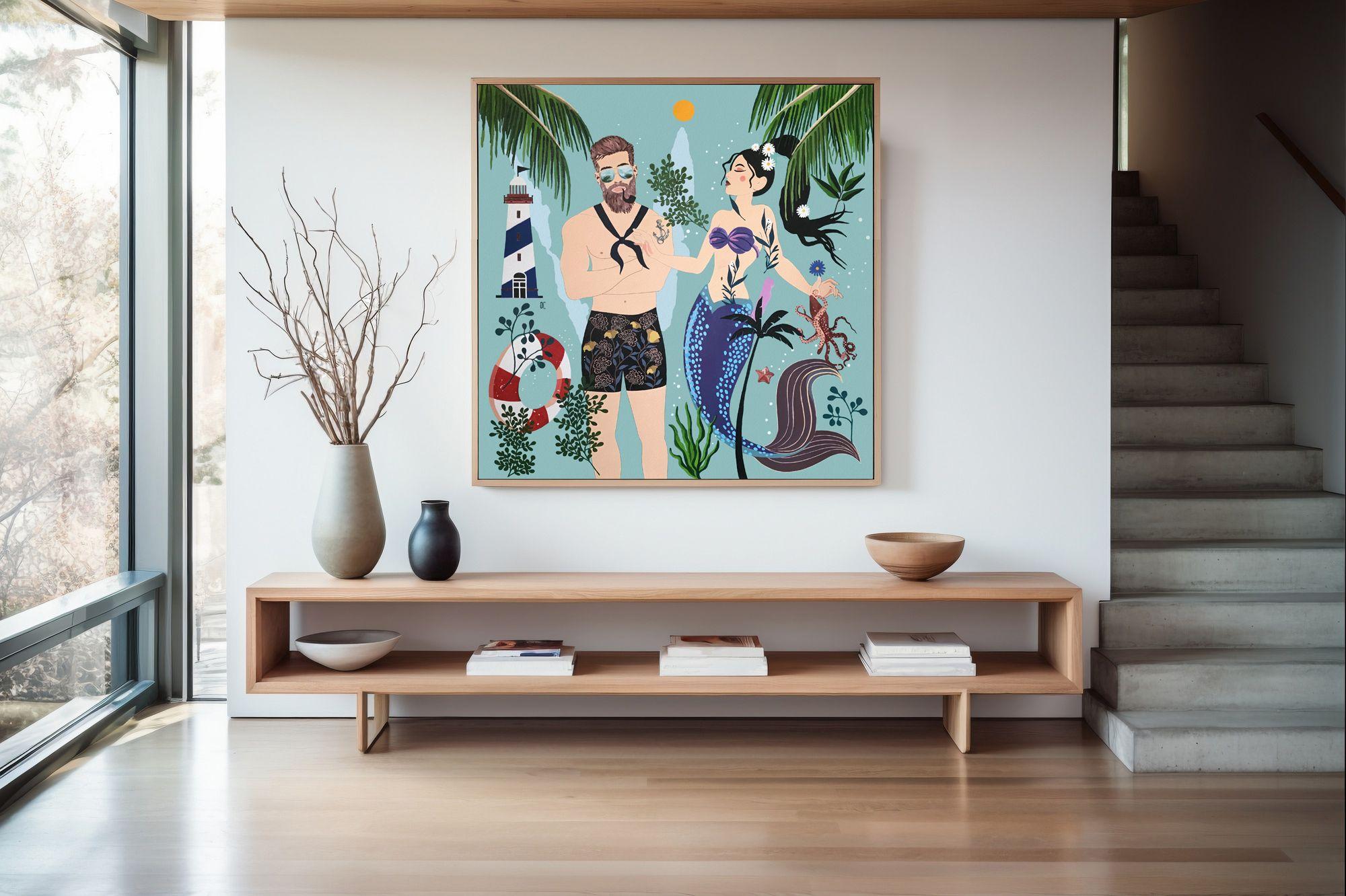 The Sailor and the Mermaid - Lighthouse, Painting, Acrylic on Canvas For Sale 4