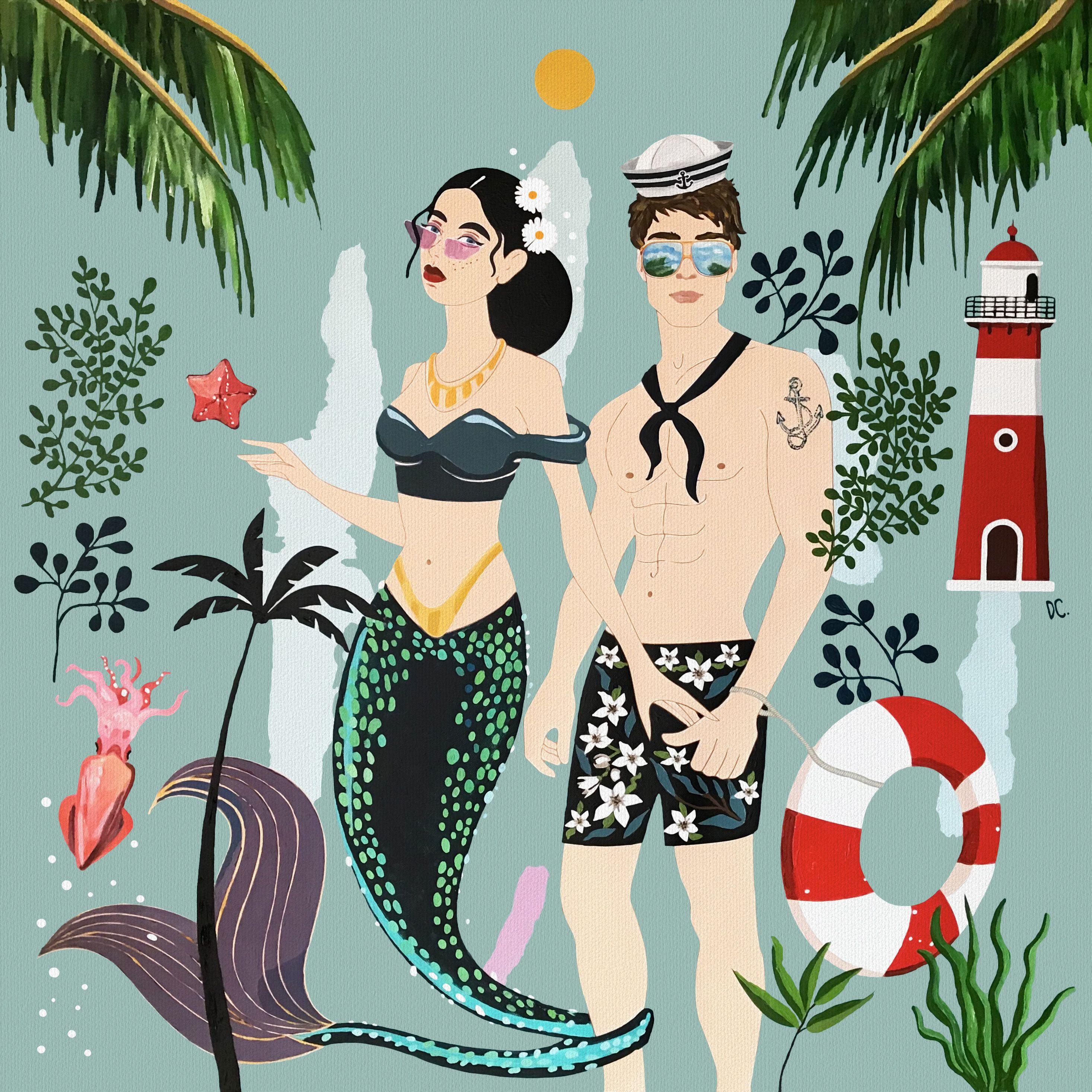 The Sailor and the Mermaid NÂ°2 - Art-Deco - Summer, Painting, Acrylic on Canvas