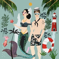 The Sailor and the Mermaid NÂ°2 - Art-Deco - Summer, Painting, Acrylic on Canvas
