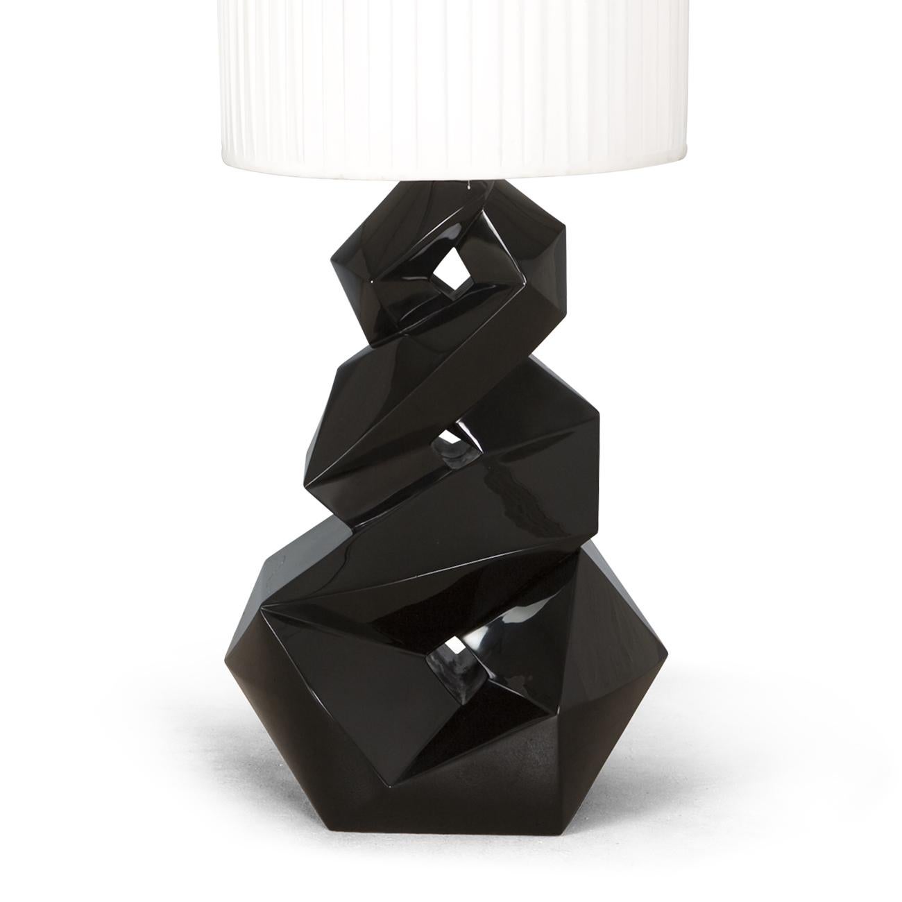 Floor Lamp or Table lamp artemus black in black 
lacquered finish hand-sculpted on solid mahogany wood.
With off-white plited shade. With dimmer light
control, CE standard or UL standard.
Also available in antique gold finish.
