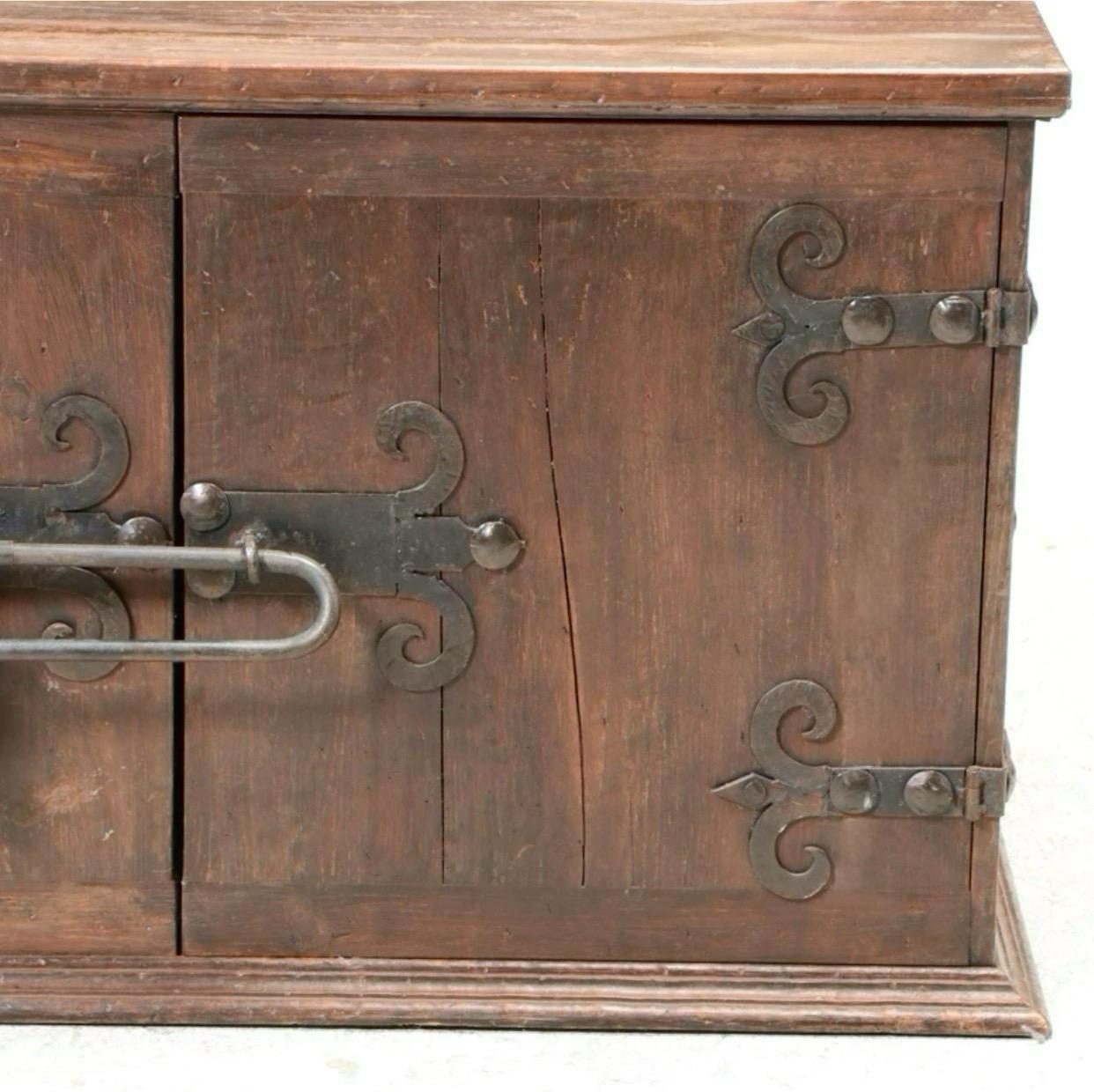 Spanish Colonial Artes De Mexico Patinated Pine Cabinet with Hammered Iron Lock & Hinges For Sale