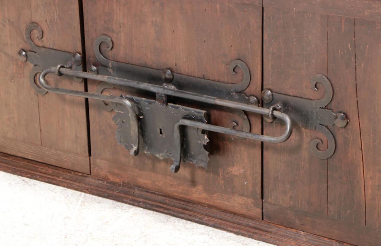 Artes De Mexico Patinated Pine Cabinet with Hammered Iron Lock & Hinges In Good Condition In Chicago, IL