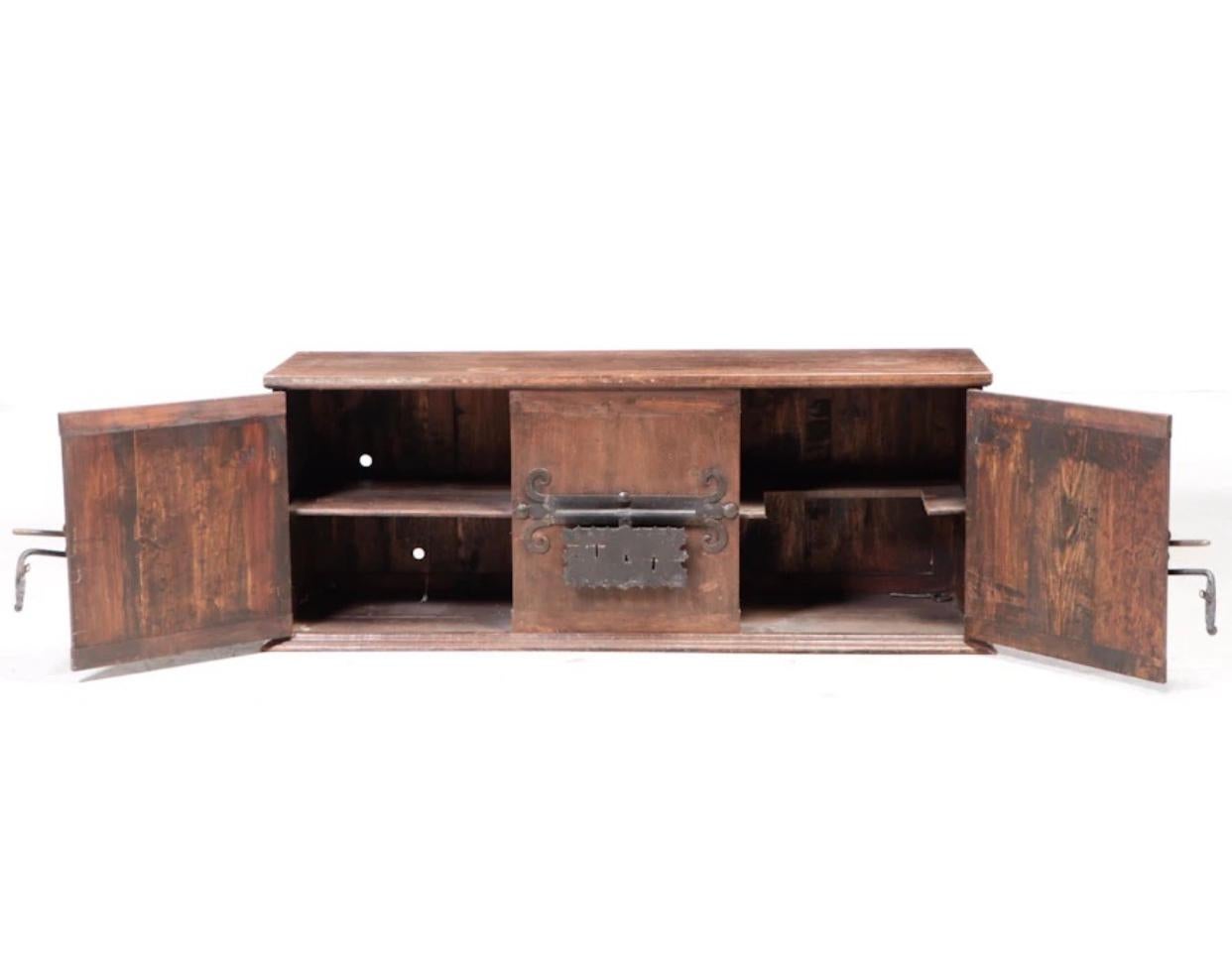 Mid-20th Century Artes De Mexico Patinated Pine Cabinet with Hammered Iron Lock & Hinges For Sale