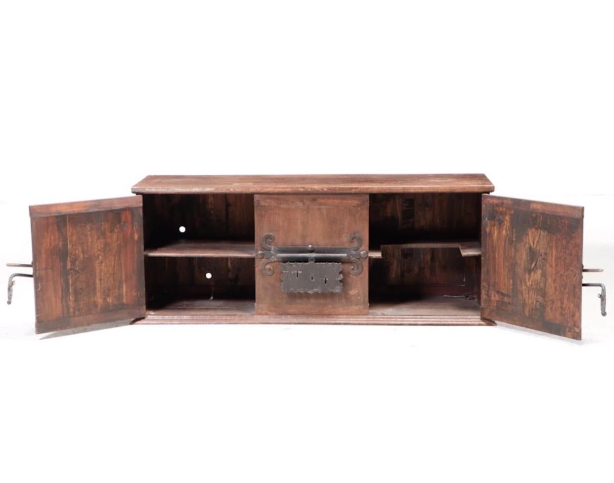 Mid-20th Century Artes De Mexico Patinated Pine Cabinet with Hammered Iron Lock & Hinges