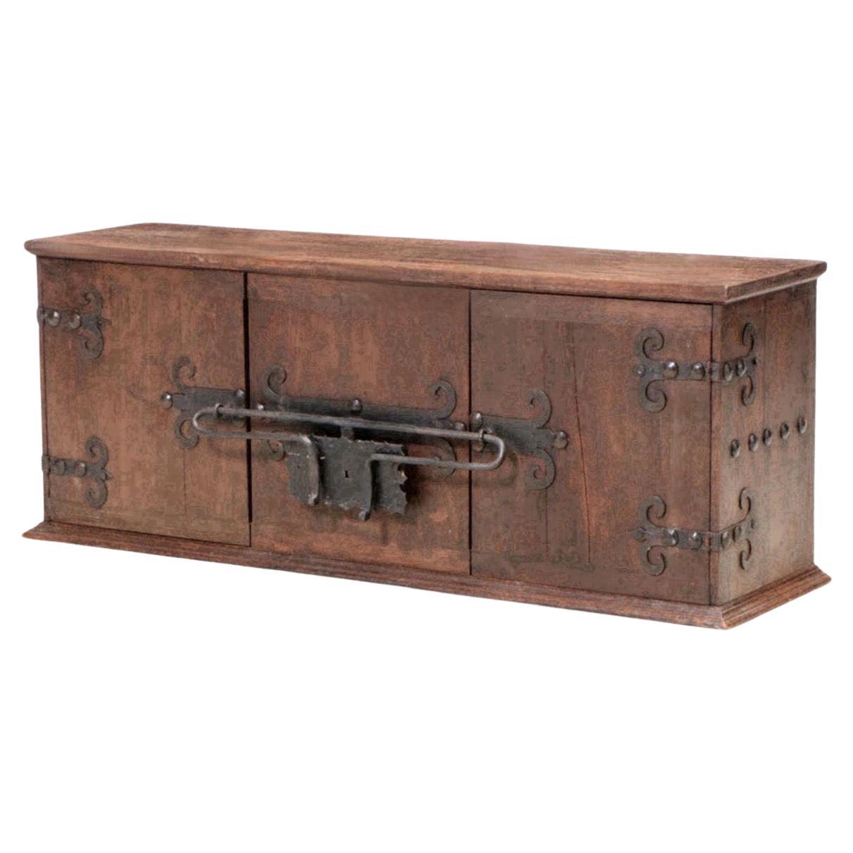Artes De Mexico Patinated Pine Cabinet with Hammered Iron Lock & Hinges For Sale