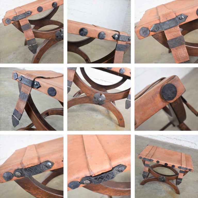 Artes De Mexico Spanish Revival Curule Foot Stool Ottoman Leather Seat