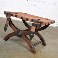 Artes De Mexico Spanish Revival Curule Foot Stool Ottoman Leather Seat & Straps