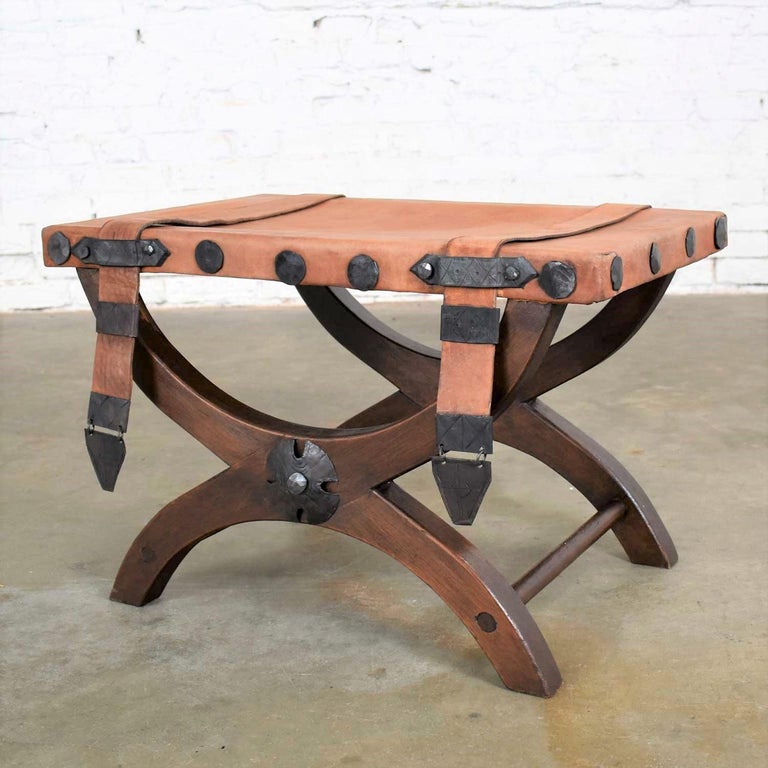Artes De Mexico Spanish Revival Curule Foot Stool Ottoman Leather Seat