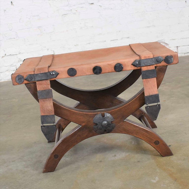 Artes De Mexico Spanish Revival Curule Foot Stool Ottoman Leather Seat