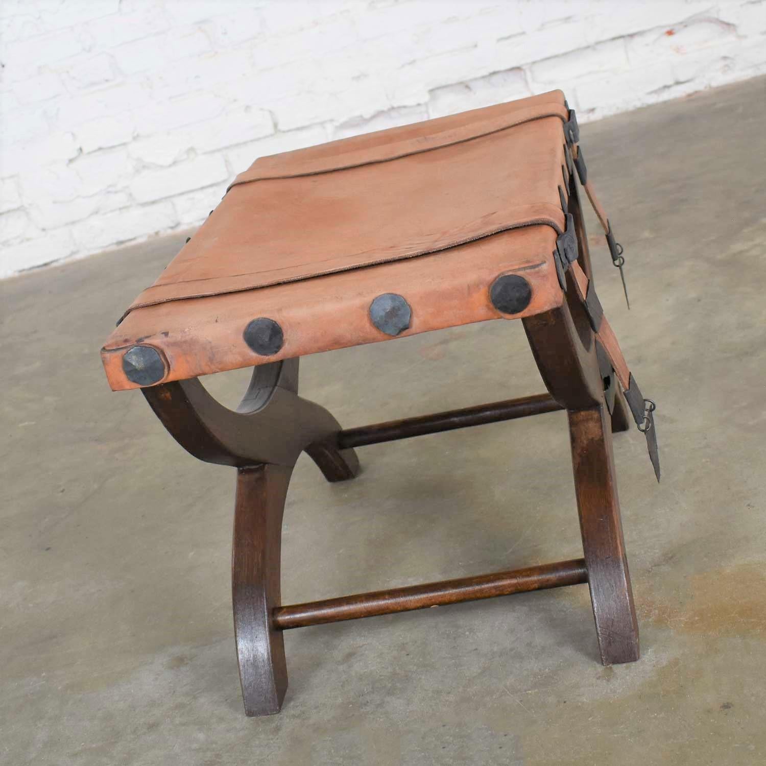 Mid-20th Century Artes De Mexico Spanish Revival Curule Foot Stool Ottoman Leather Seat & Straps