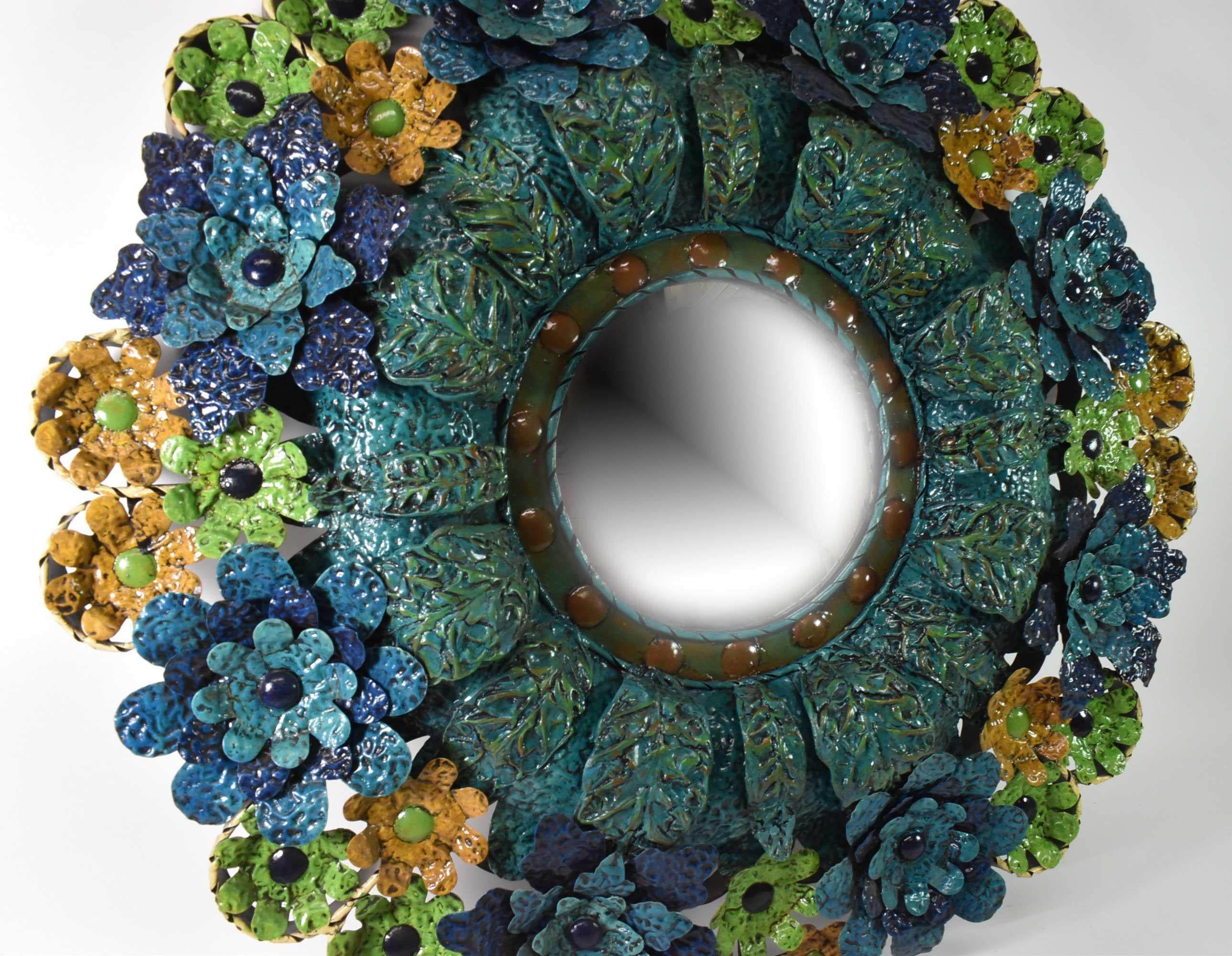 North American Artes De Mexico Tole Floral Wall Mirror by Saldana Signed For Sale