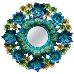 Vintage Artes de Mexico Tole Flower Mirror Saldana Maximalist Colors Sculpture Art