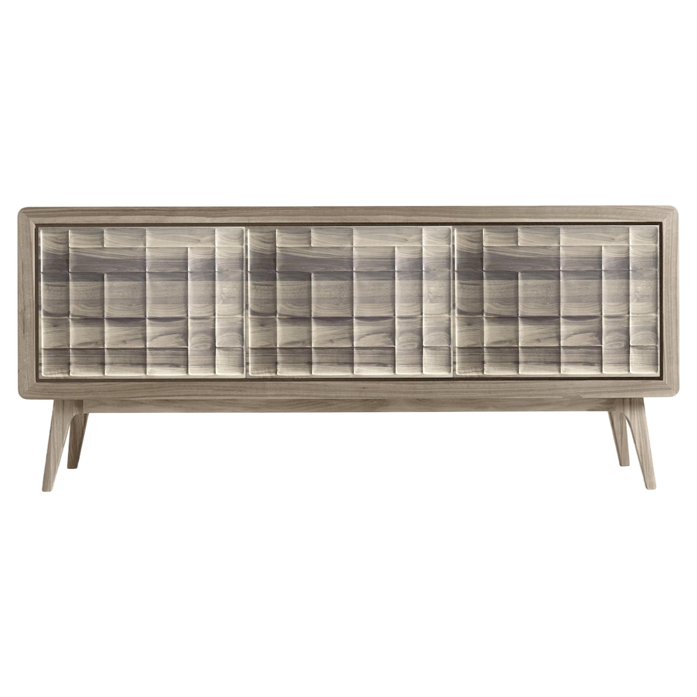 Artes Scacco Solid Wood Sideboard, Walnut Natural Grey Finish, Contemporary For Sale