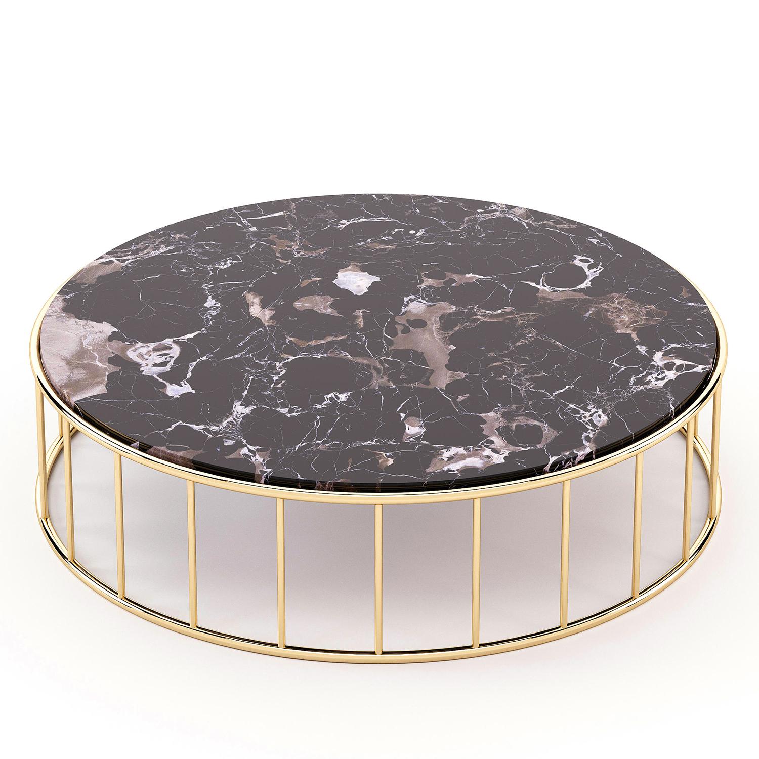 Coffee Table Arteum with structure in polished stainless
steel in gold finish and with round top in black marble with 
clear and dark grey tones.