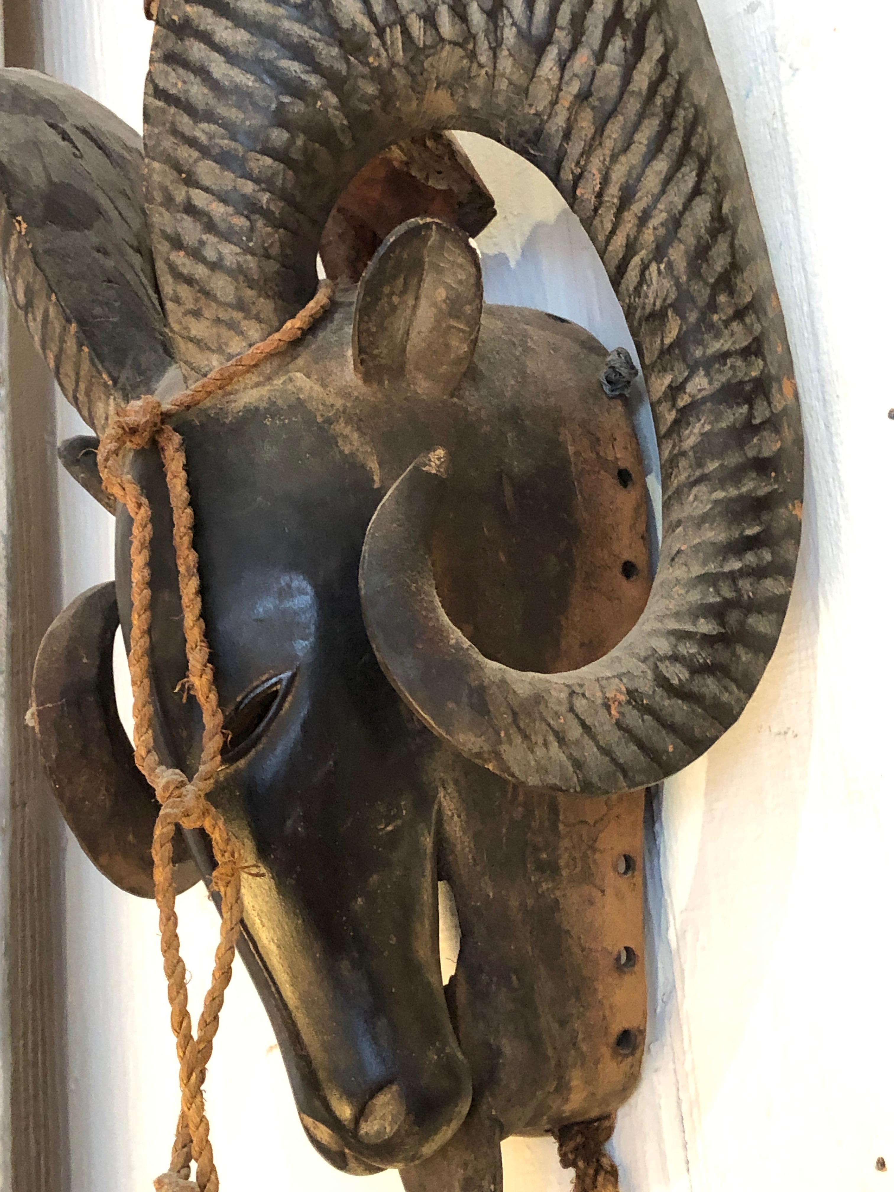 Artful African Tribal Mask of a Ram Wall Sculpture In Excellent Condition In Hopewell, NJ