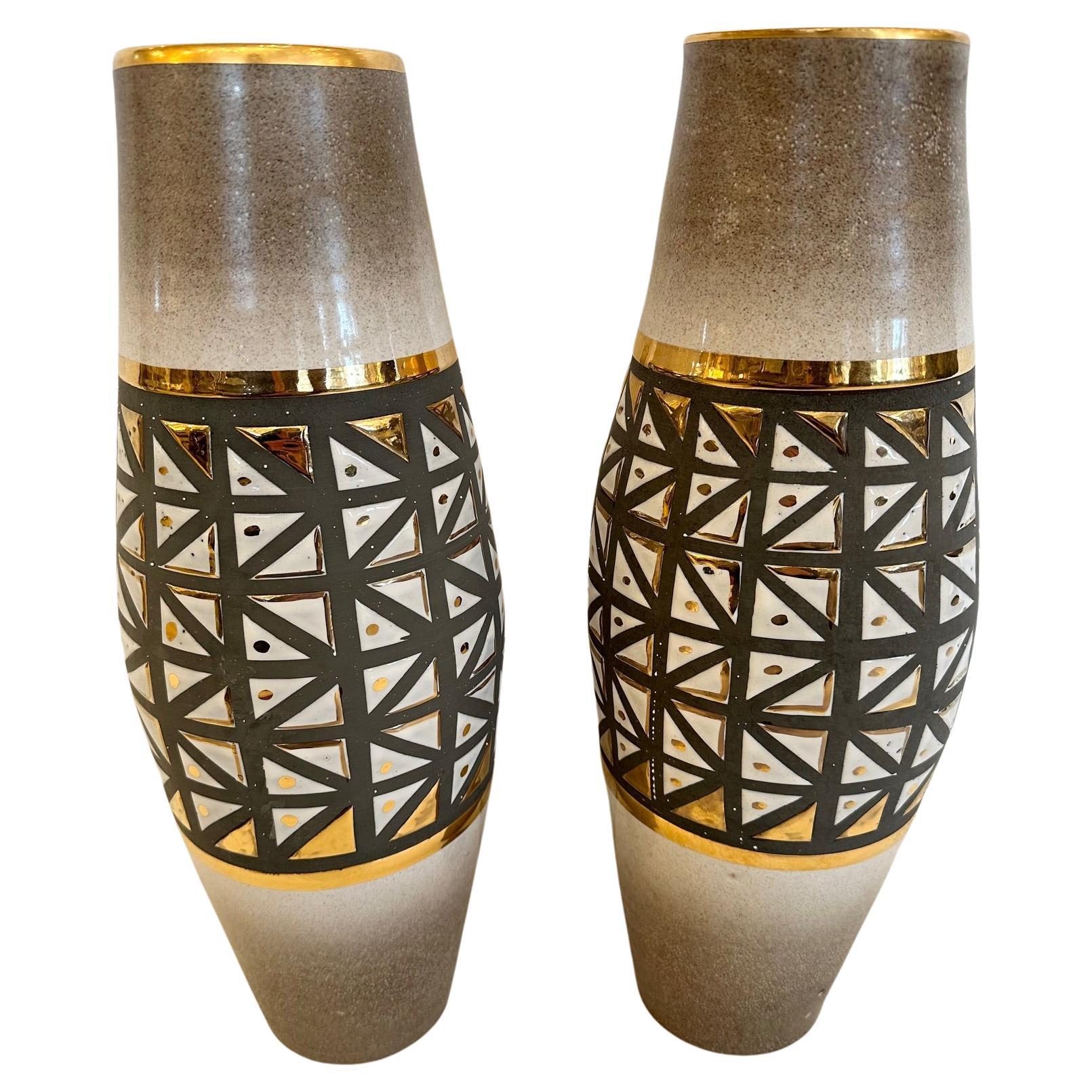 Artful Pair of Mid Century Modern Pottery Vases For Sale