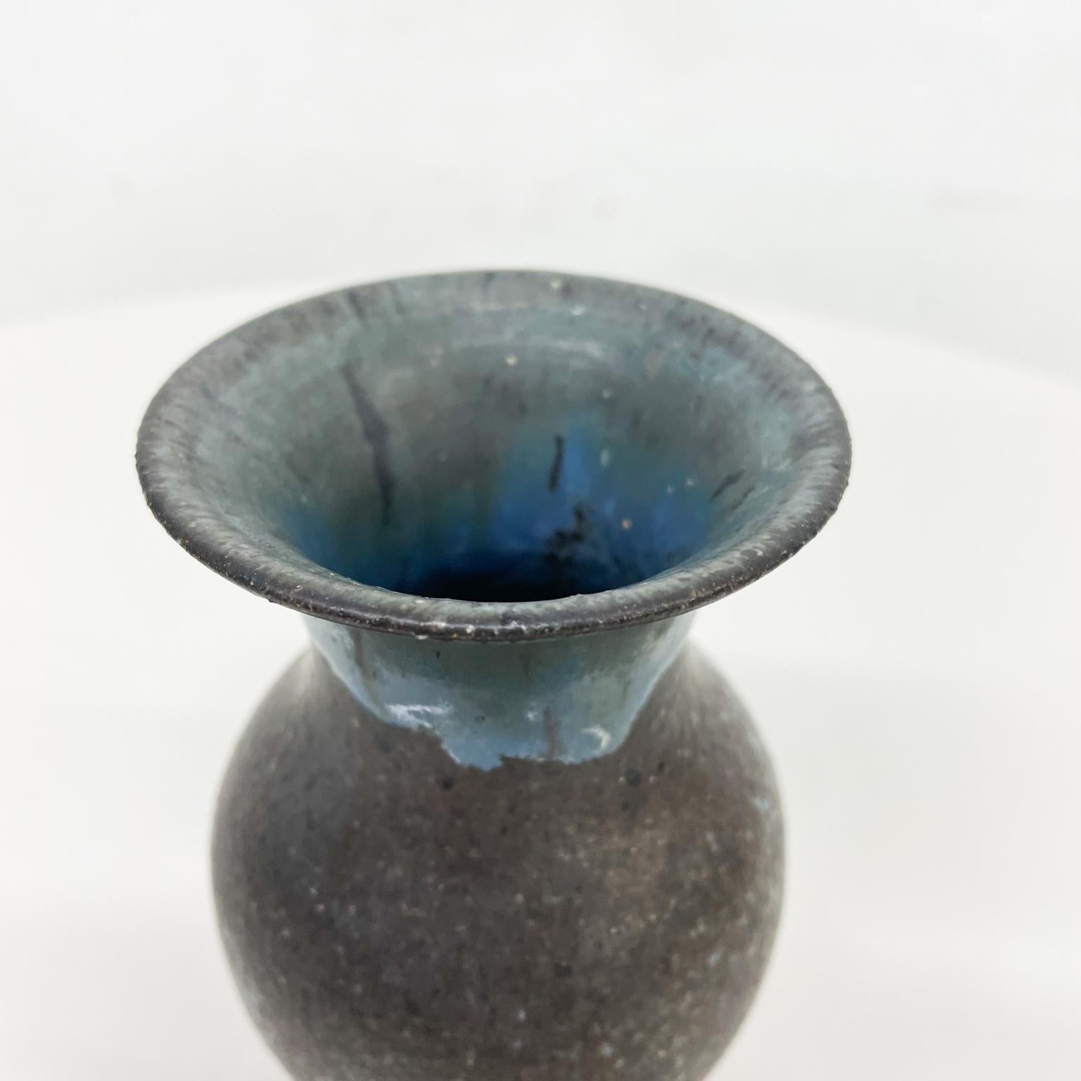 Mid-Century Modern Artful Tiny Weed Pot Bud Vase Draped Blue Glaze on Black 1970s Modern For Sale