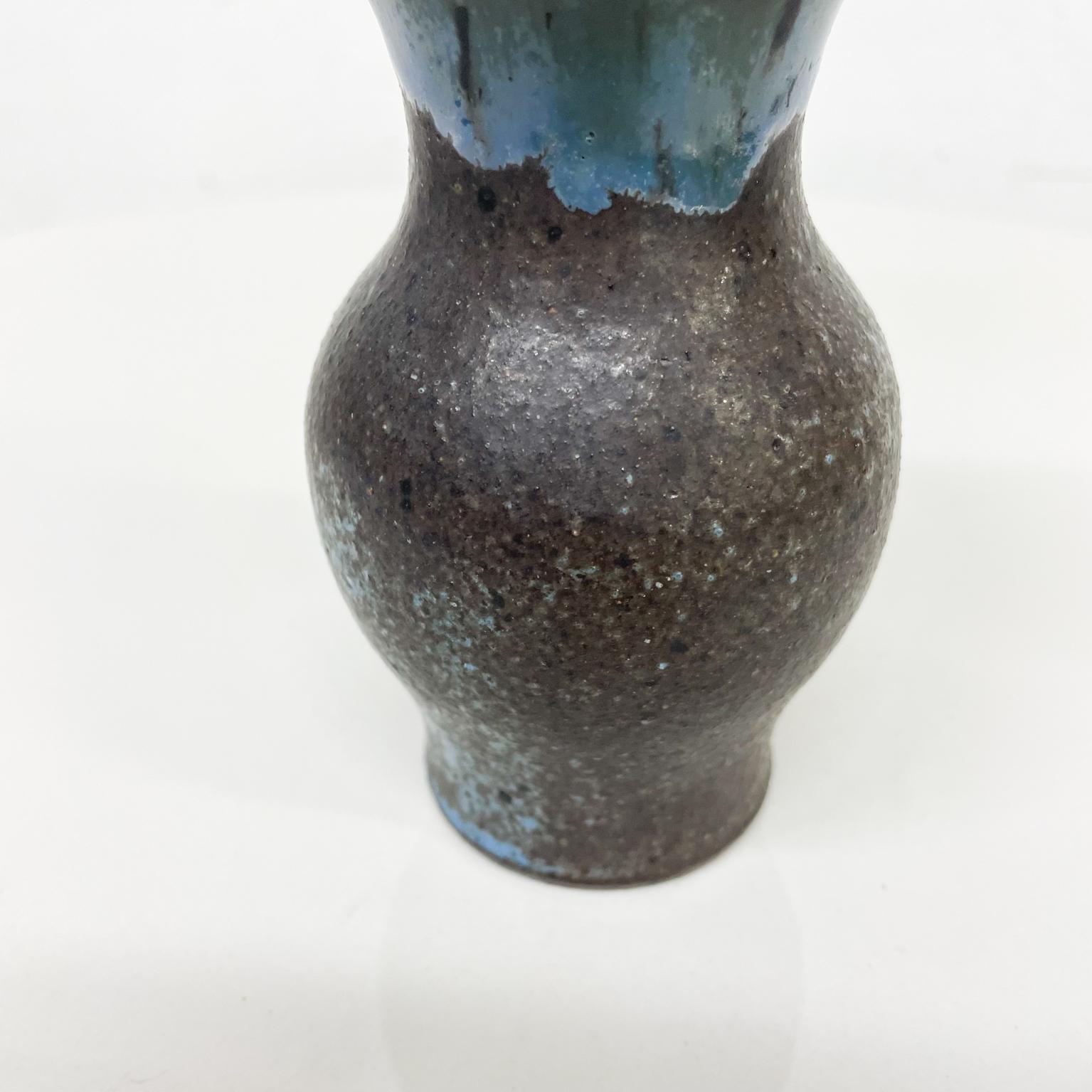 American Artful Tiny Weed Pot Bud Vase Draped Blue Glaze on Black 1970s Modern For Sale
