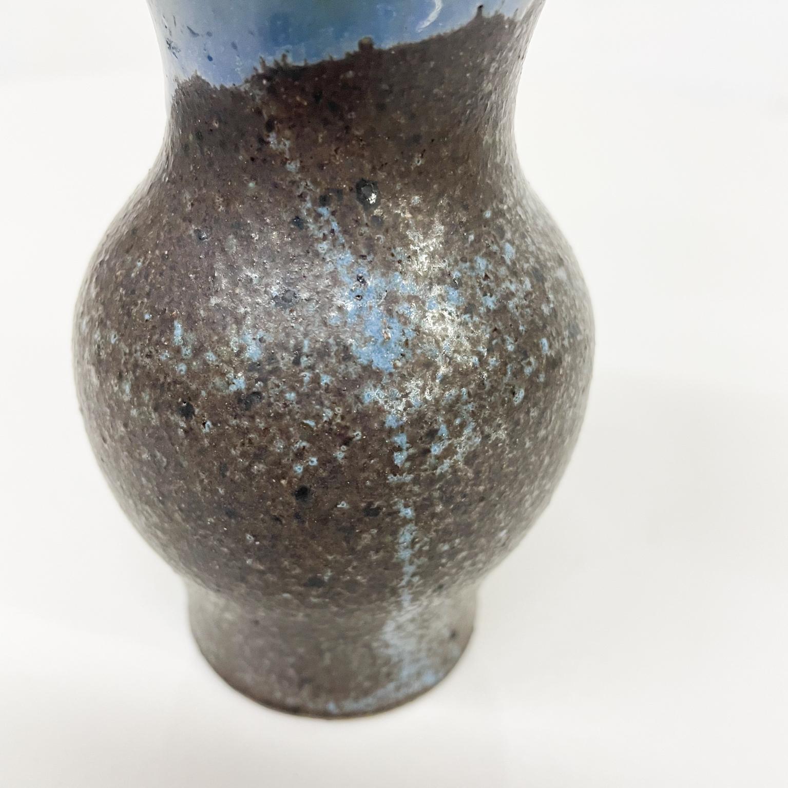 Late 20th Century Artful Tiny Weed Pot Bud Vase Draped Blue Glaze on Black 1970s Modern For Sale
