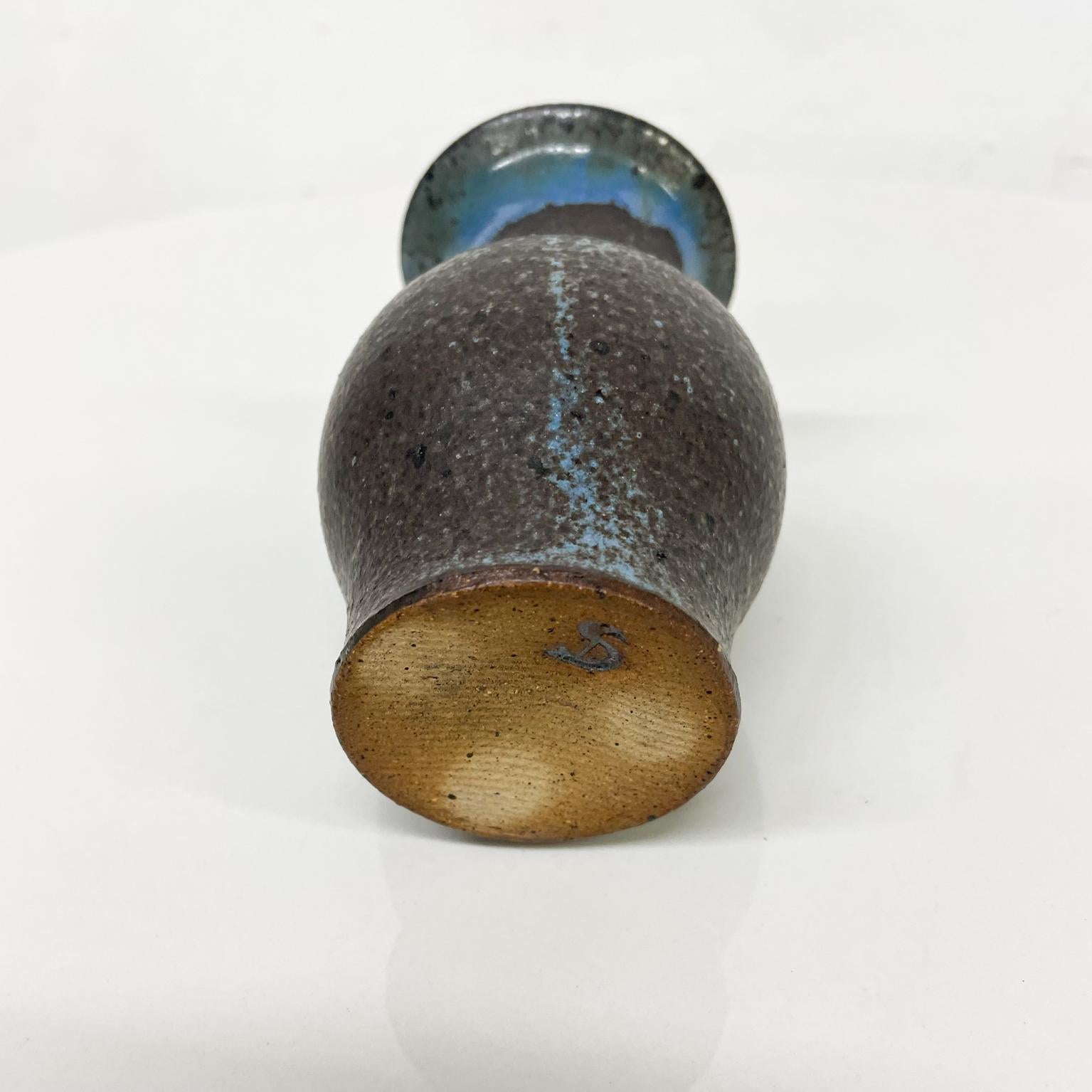 Artful Tiny Weed Pot Bud Vase Draped Blue Glaze on Black 1970s Modern For Sale 1