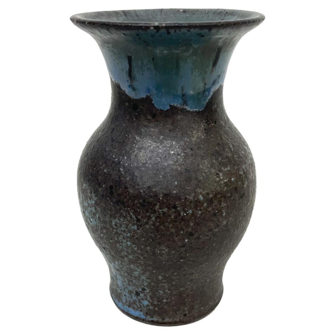 Artful Tiny Weed Pot Bud Vase Draped Blue Glaze on Black 1970s Modern For Sale