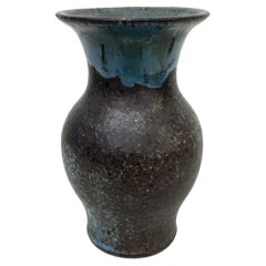 Vintage Artful Tiny Weed Pot Bud Vase Draped Blue Glaze on Black 1970s Modern